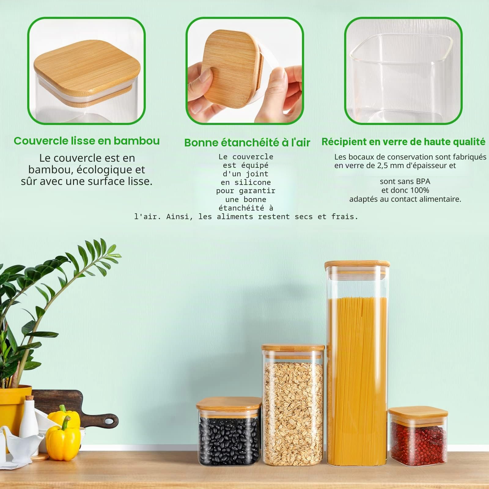 FINEW Lot de 10 boîtes de conservation en verre avec couvercle hermétiques - 2500 ml/1500 ml/750 ml/350 ml - Grand récipient en verre - Pour spaghetti, céréales, farine, épices