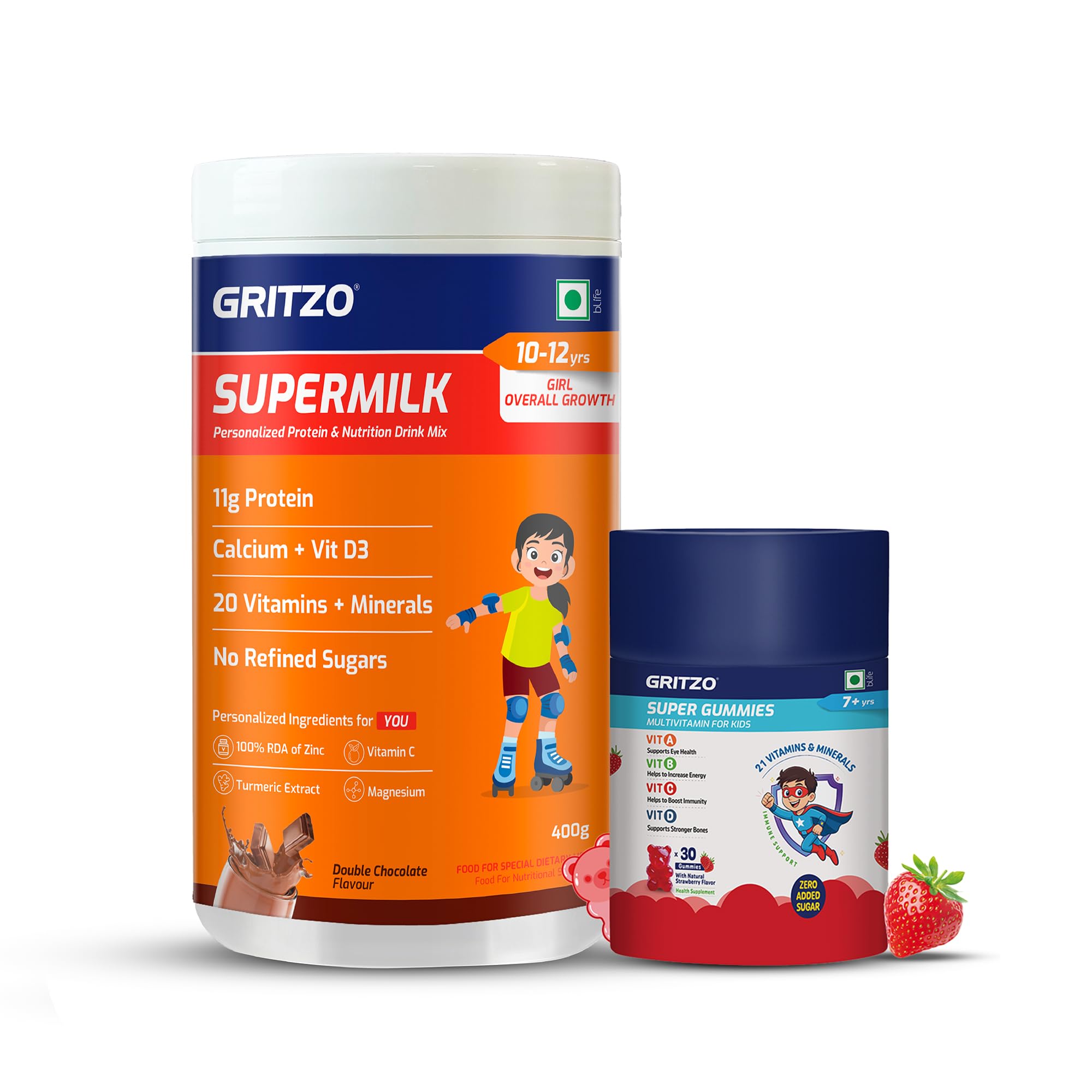 Gritzo SuperMilk Overall Growth (10-12y Girls) (Double Chocolate, 400g) with Super Gummies (Strawberry, 30 Gummies) | Pack of 2