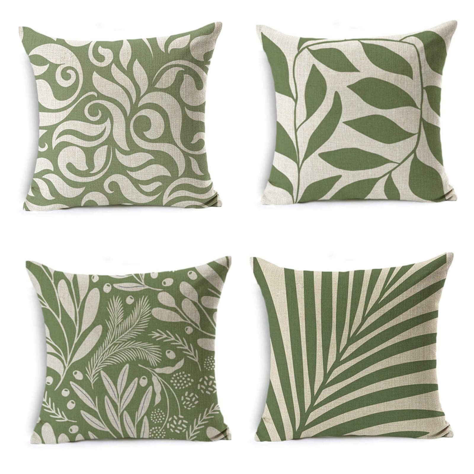 Housse de coussin 60x60 cm lot de 4 en lin avec motifs de feuilles vertes pour canapé.