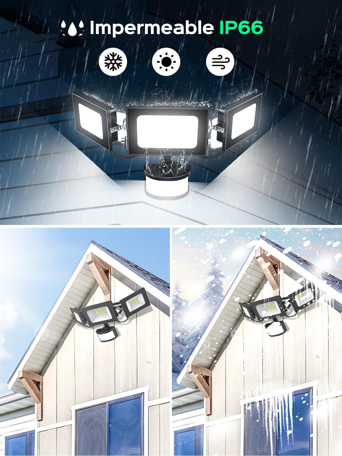 Projecteur LED avec détecteur de mouvement, 100 W, 10 000 lm, 3 têtes réglables, blanc froid 6 500 K, avec télécommande, étanche IP65, pour garage et jardin