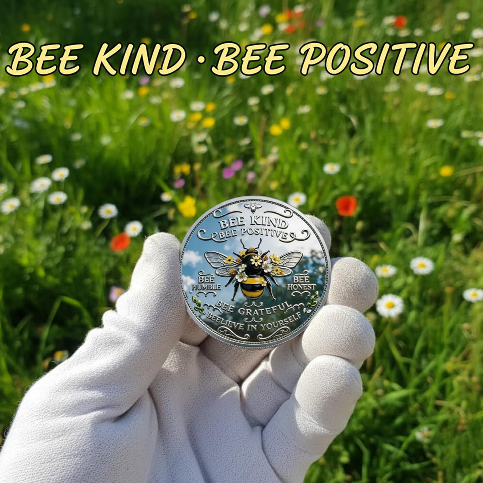 Moneda de positividad tipo abeja, ficha de abeja inspiradora de doble cara con diseño de girasol y laurel, moneda de desafío motivacional para la afirmación diaria (3pcs)