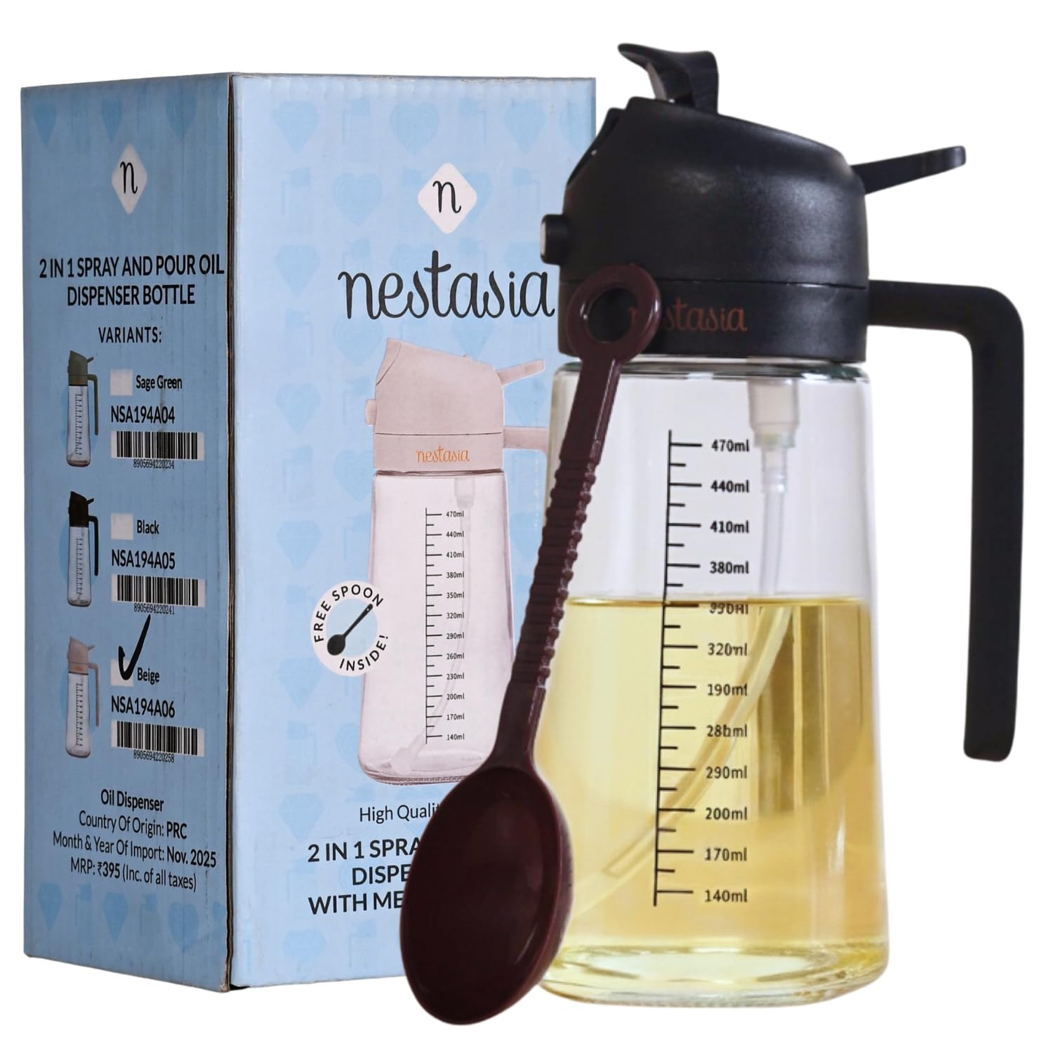 Nestasia 2 in 1 Oil Sprayer & Dispenser Glass Bottle for Kitchen (470ml) - Vinegar & Olive Oil Bottle with Measuring Spoon for Healthy Cooking, Salad Dressing, Air Fryer, BBQ & Grilling (Black)