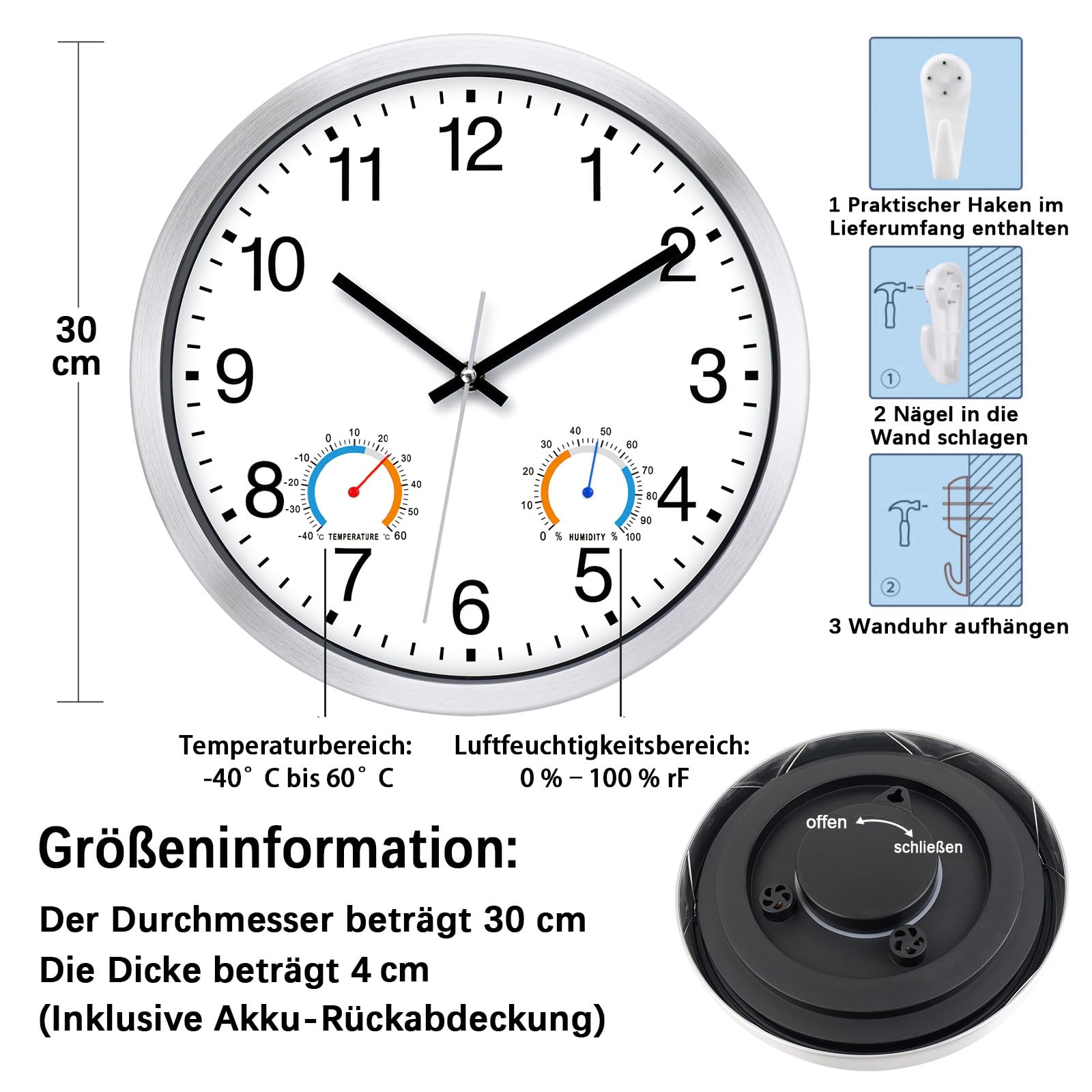 Horloge murale d'extérieur de 30 cm résistante aux intempéries avec thermomètre et hygrom, horloge de jardin silencieuse, à quartz, fonctionne à piles, grande horloge pour jardin, salle de bain