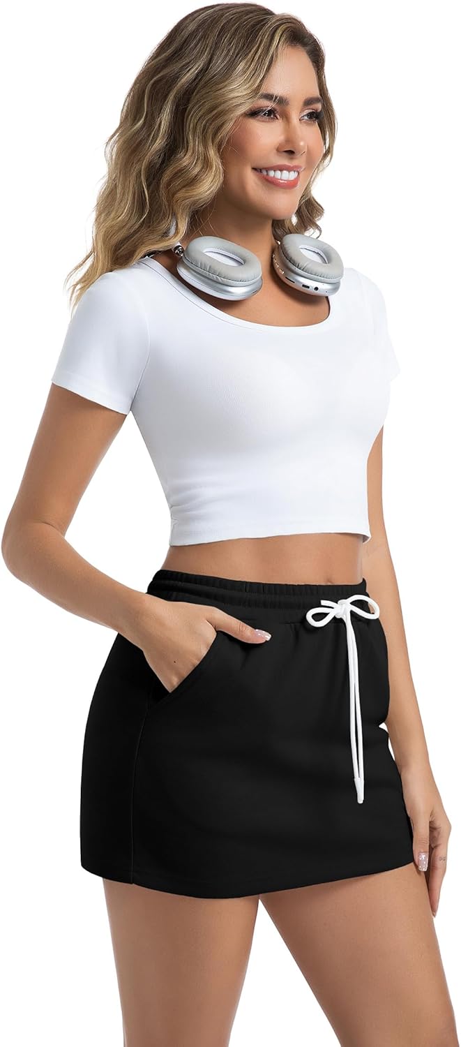 Women's Casual Elastic High Waist Drawstring Stretch Sweat Bodycon Mini Skirts with Shorts Pockets - Image 5