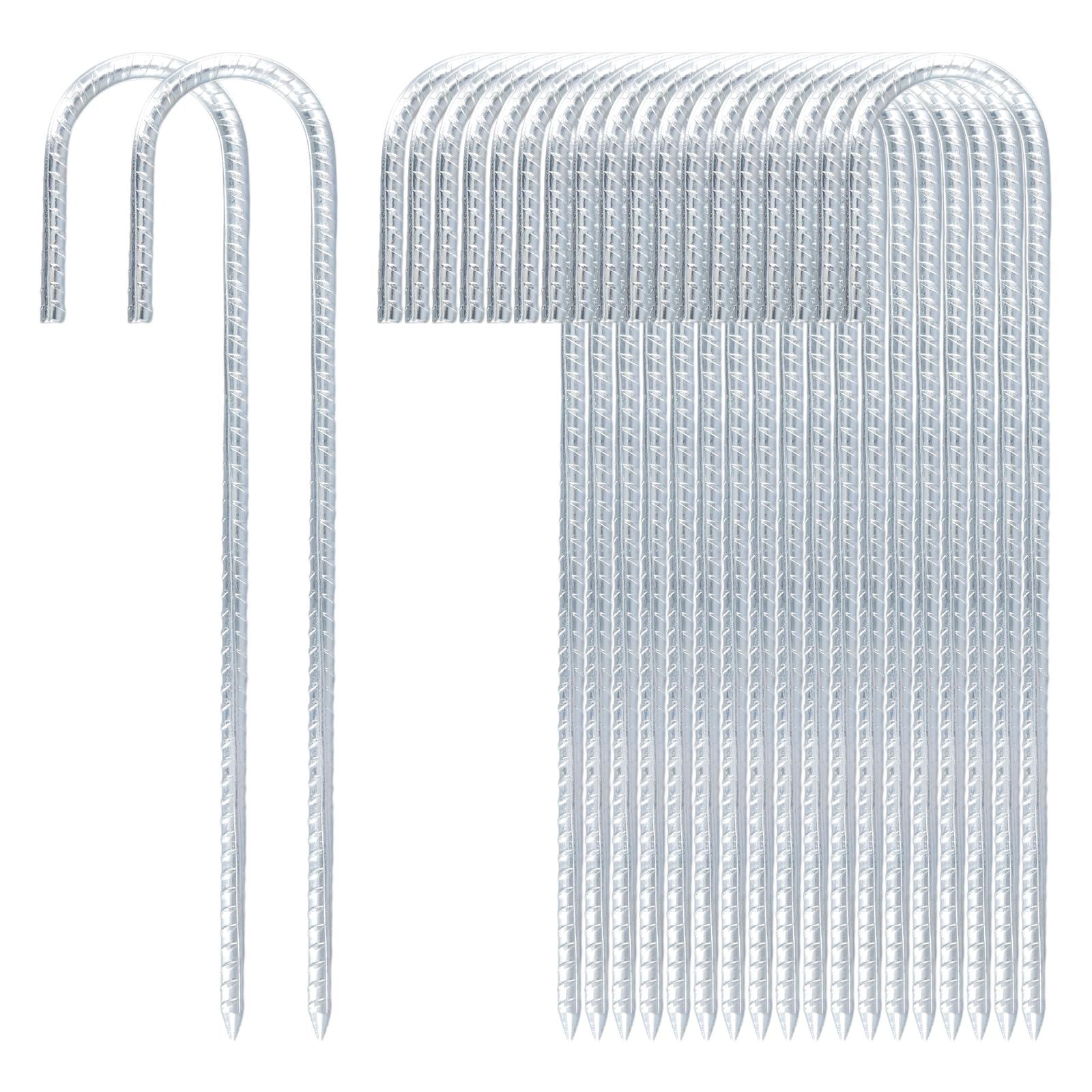 HONYUET 20 Pack 12 Inch J Hook Rebar Stakes, 30cm Steel Tent Ground Anchors Pegs for Football, Camping, Garden, Silver