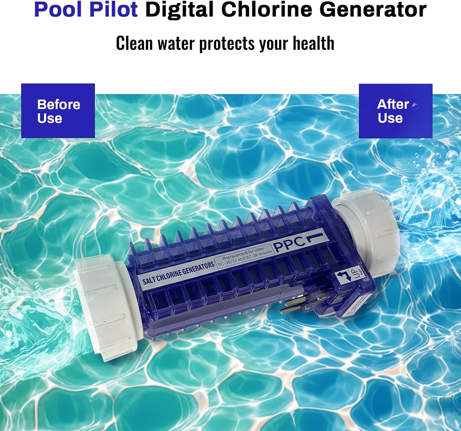 PPC1 Salt Cell Fit for Pool Pilot Digital Chlorine Generator, Replace# RC-5, RC-35/22, SC-36, AP-150, Salt Cell W/ 5