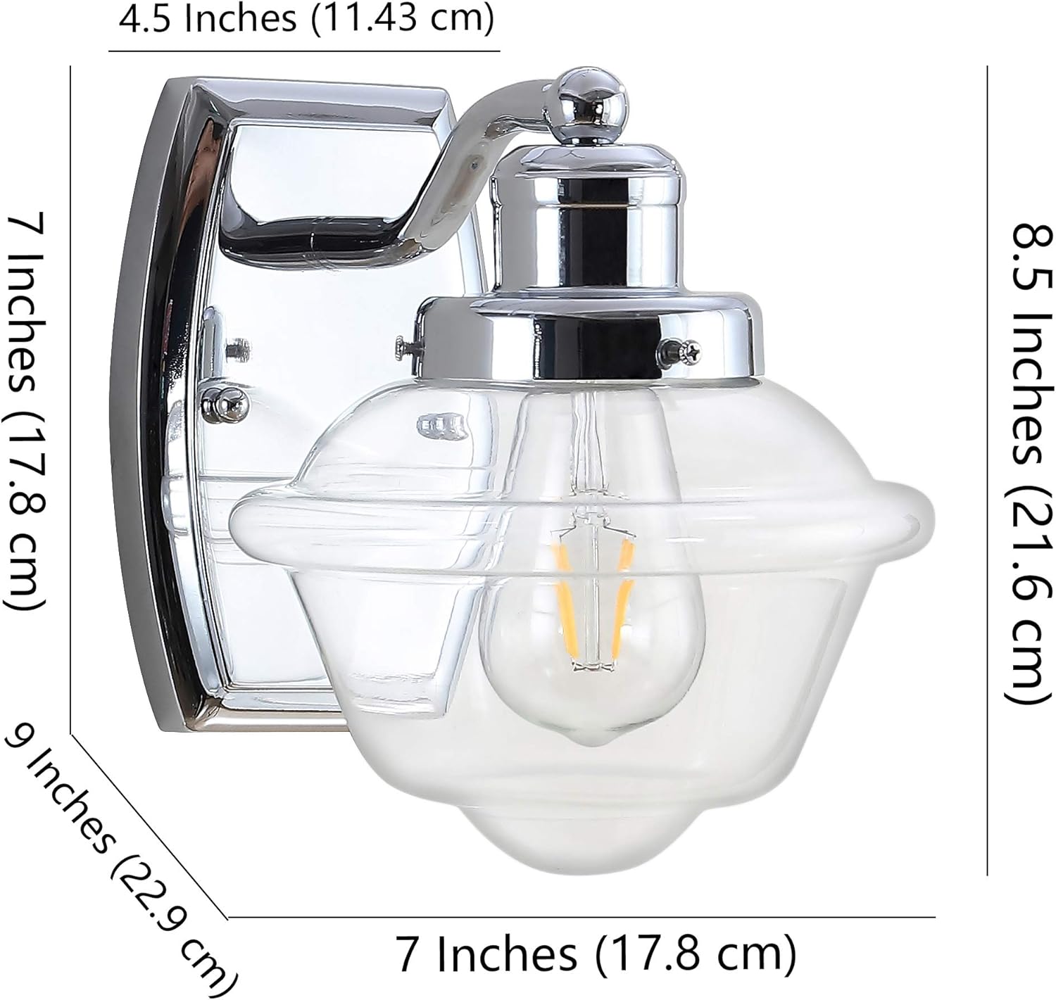 JONATHAN Y 7" Chrome 1-Light Schoolhouse LED Vanity Light, Mid-Century Wall Sconce for Bathroom Kitchen Hallway, Clear Glass Shade, 2700K LED Bulb Included JYL3530A