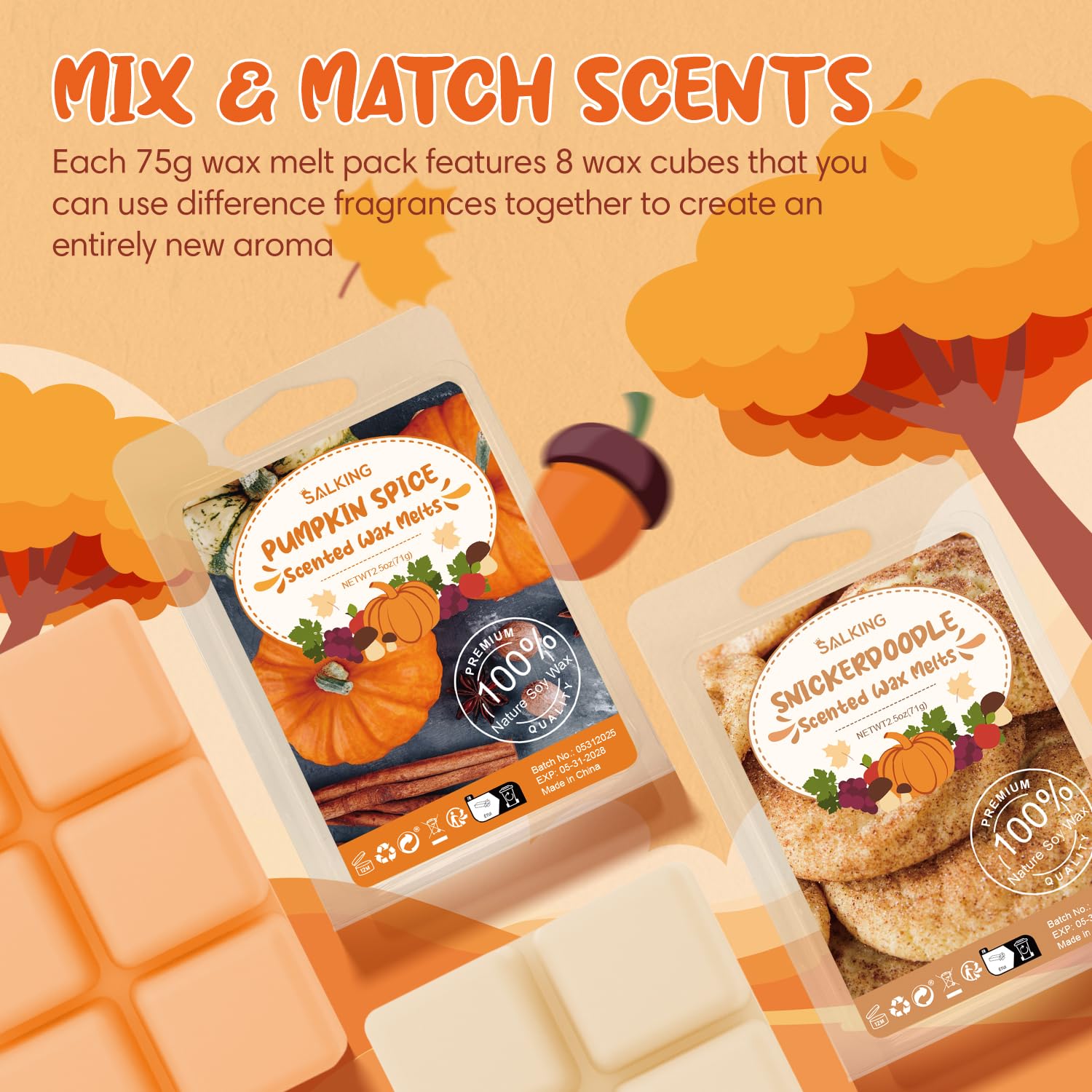 SALKING Autunnale Set di Tart Profumate Cera per Lampada Profumata, 100% Cera di Soia Naturale, Candela Profumata per Ambienti, set Regalo di Profumi di Zucca e Cannella per Halloween, Natale, 8 pz.