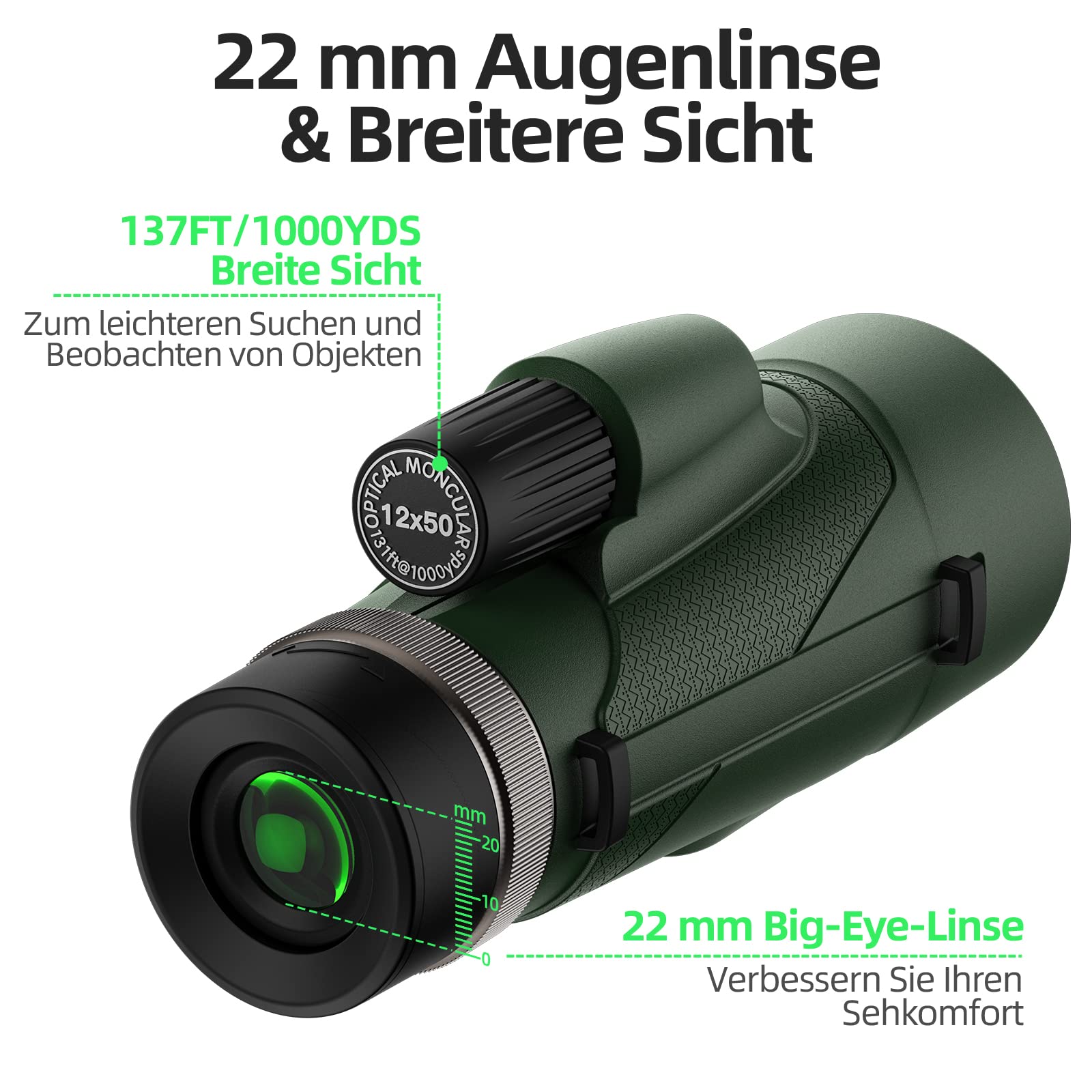 Hunter Monokular 12x50 Nitrogen IPX6 FMC BAK4 - HD Weitsicht Fernrohr Mit Handschlaufe Für Jagd Wandern Vogelbeobachtung