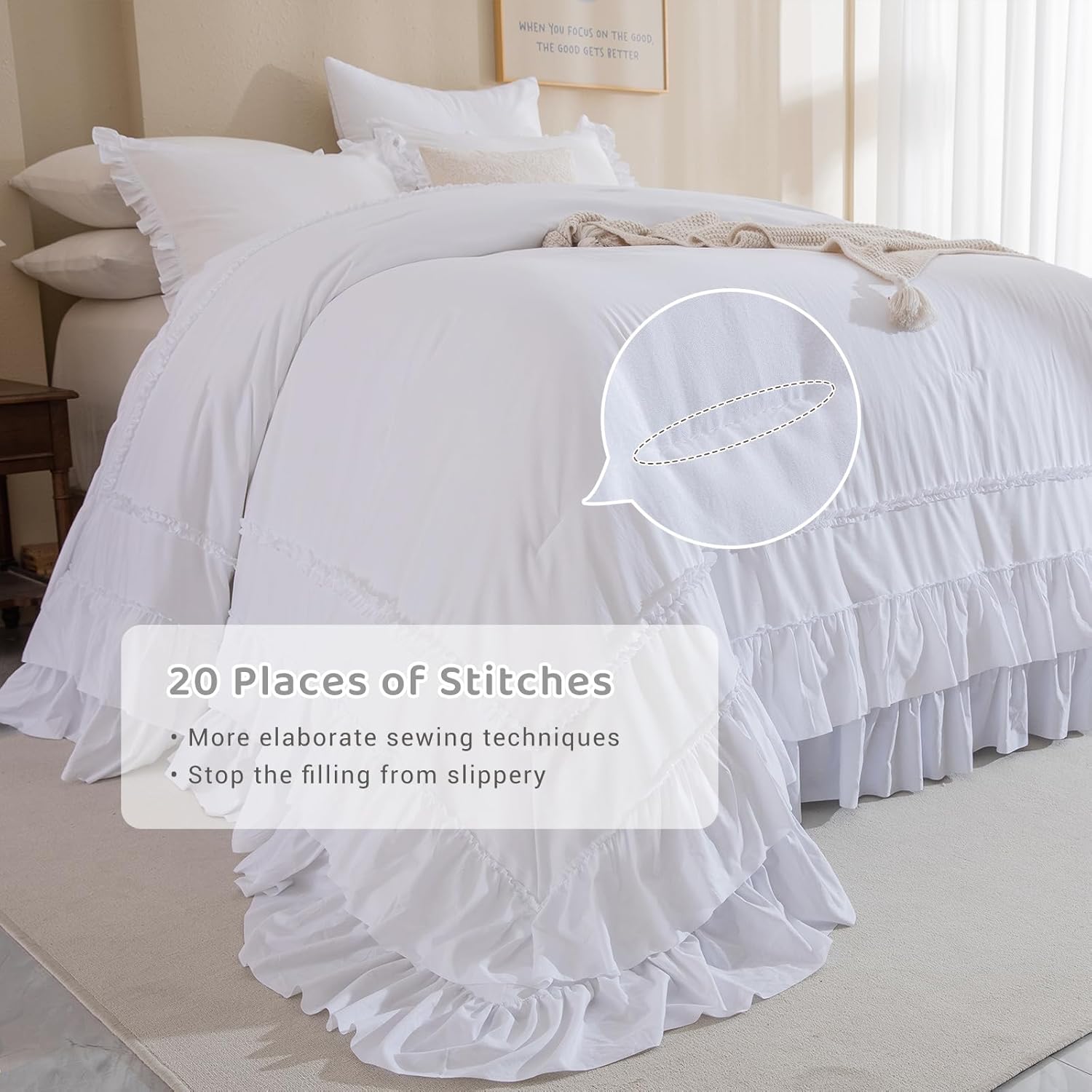 Sanracie California King Comforter Set 128" x 120", Cotton White Soft Breathable 3Pcs Bedding Sets Farmhouse French Country Shabby Vintage Ruffled Bedding Comforter Sets for All Season - Image 4
