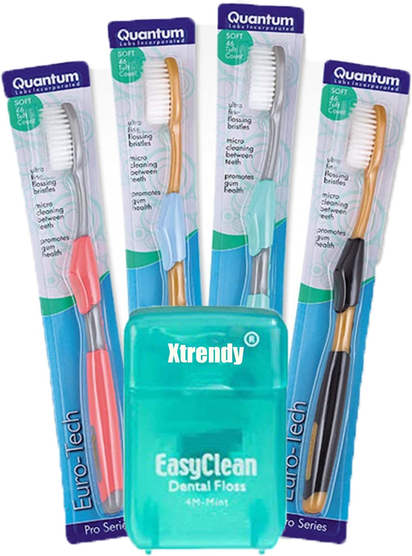 Quantum Euro-Tech Extra Soft Toothbrush, Soft Ultra Fine Feathered Bristles Toothbrush with Soft Slim Handle Grip and Thumb Rest for Adults, 4 Pack with Xtrendy Bonus Floss