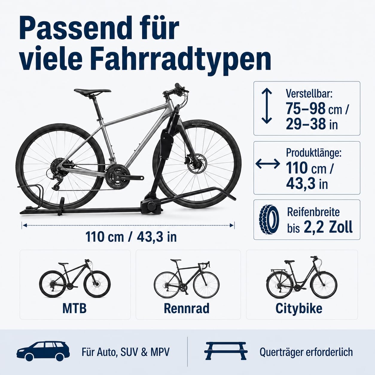 Fahrrad Dachträger E-Bike mit Diebstahlschutz für Auto SUV bis 38 Zoll | Mit Doppelverriegelung und Vierpunkt-Befestigung Einstellbare Höhe 75-98cm für sicheres Transportieren