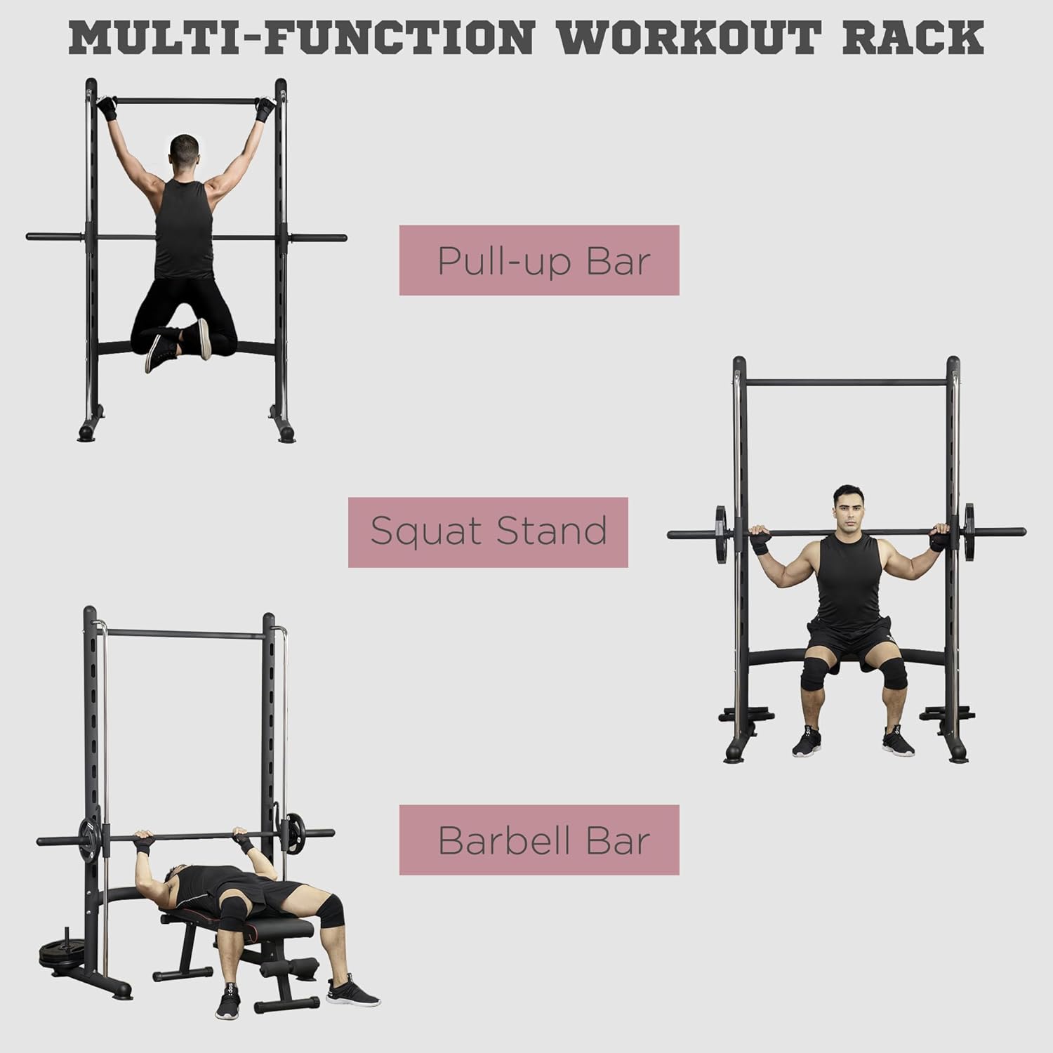 Soozier Squat Rack with Pull-Up Bar, Adjustable Power Rack with Barbell Bar, Multi-Functional Bench Press Rack for Home Gym Strength Training, Black