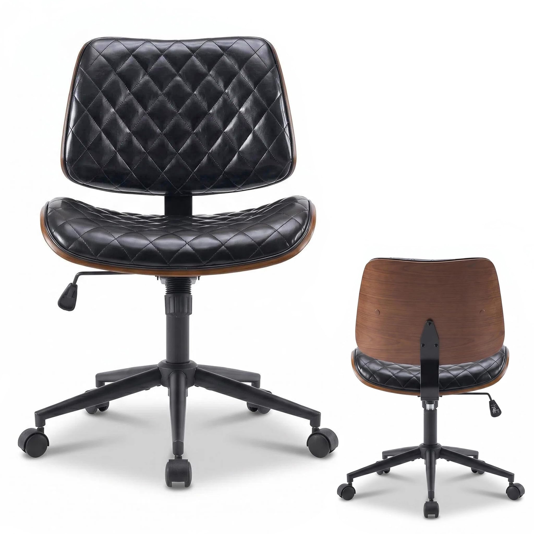 Bürostuhl Schwarz mit Stabiler Holzstützung, Schreibtischstuhl ohne Armlehne, Drehstuhl Büro mit Rollen, Hochwertiger Bürostuhl Leder Optik, Drehsessel für Home Office & Arbeitszimmer