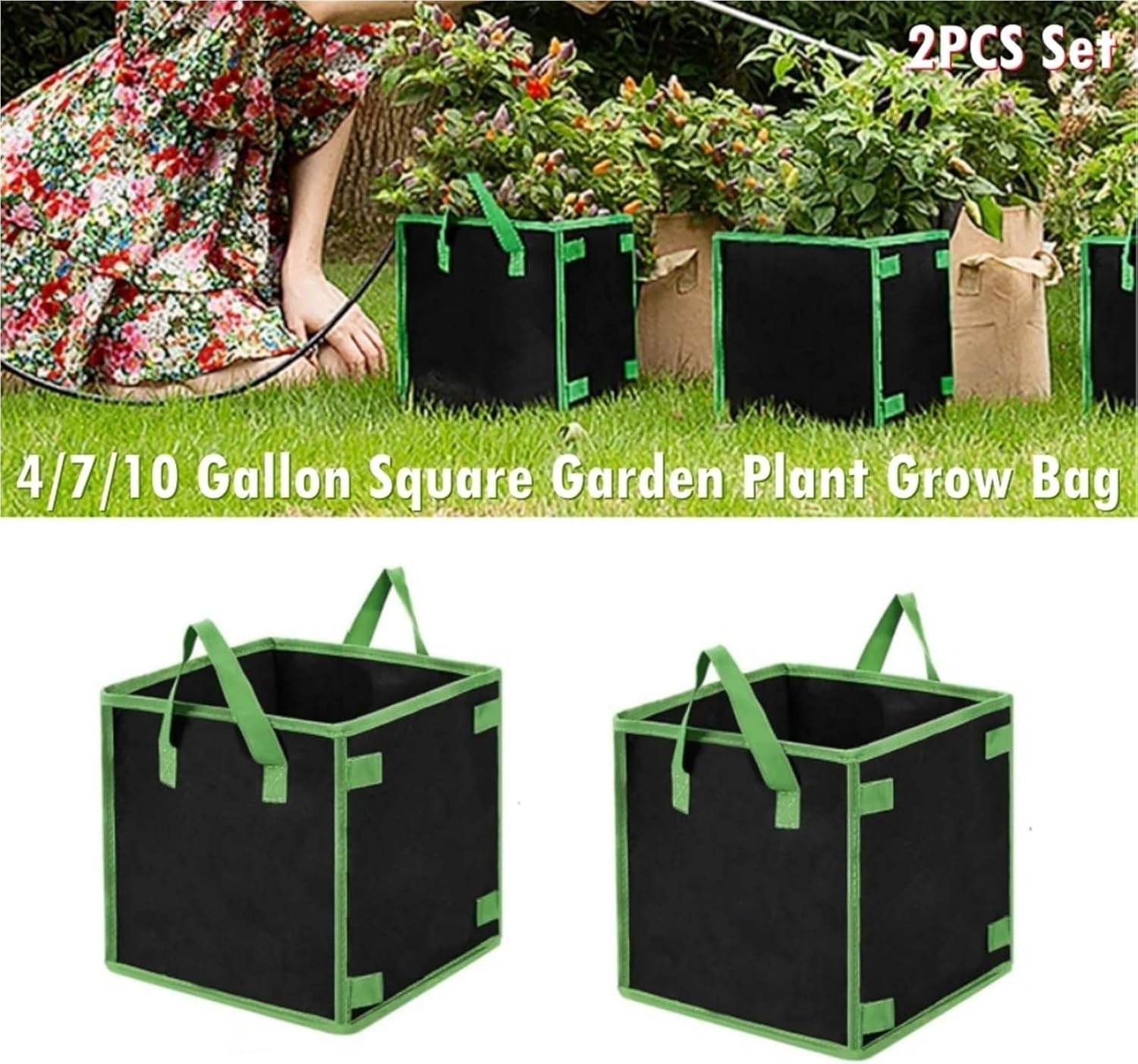 4/7/10 Gallon 2PCS Square Garden Plant Grow Bag Felt Potato Vegetable Flower Planter Pot Eco-Friendly Growing Bags(2PCS 7 Gallon)