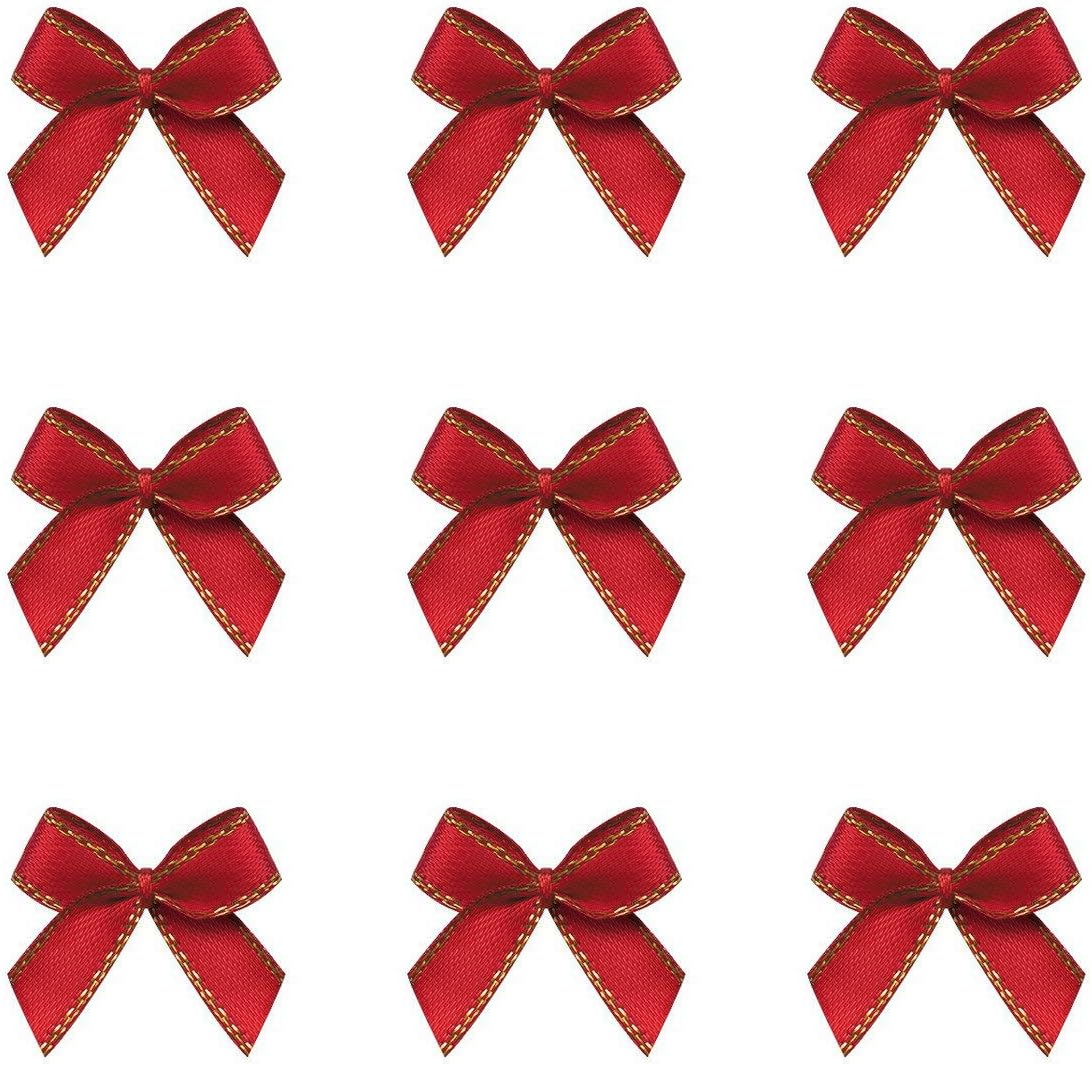 100 Pcs Mini Metallic Edge Satin Bowknot Flowers Red Gold DIY Ribbon Bow Appliques