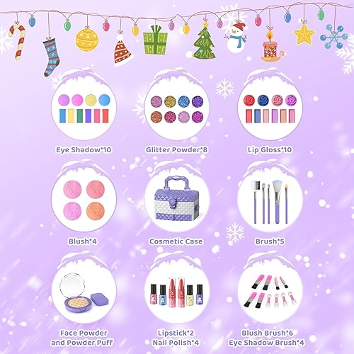 Miniatura 2 de GirlsHome Juego de maquillaje para niños para niña, 56 piezas, cosméticos reales lavables, juguetes congelados no tóxicos, kit de maquillaje