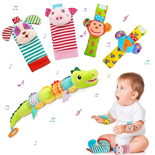 Juego de sonajeros de juguetes para bebé, 4 unidades, calcetines de muñeca y 1 juguete musical de cocodrilo para bebé con múltiples texturas,