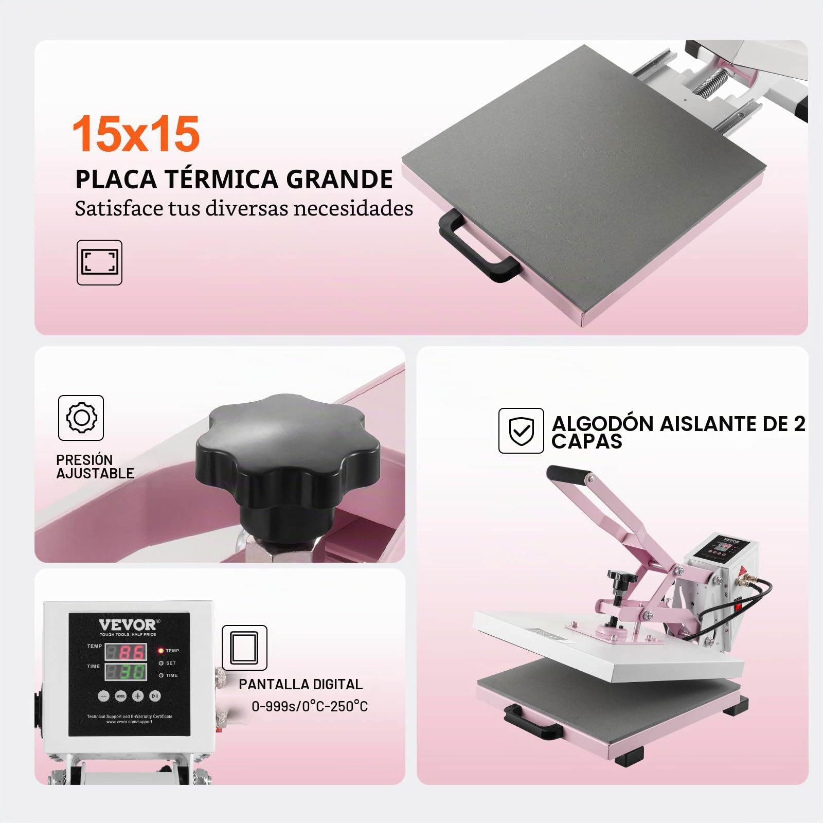 VEVOR Prensa Térmica Deslizable Máquina de Prensa Térmica Digital de 380 x 380 mm con Algodón Aislante de 2 Capas Máquina de Transferencia de Calor para Camisetas, Tazas, Almohadas y Bolsas, Rosa
