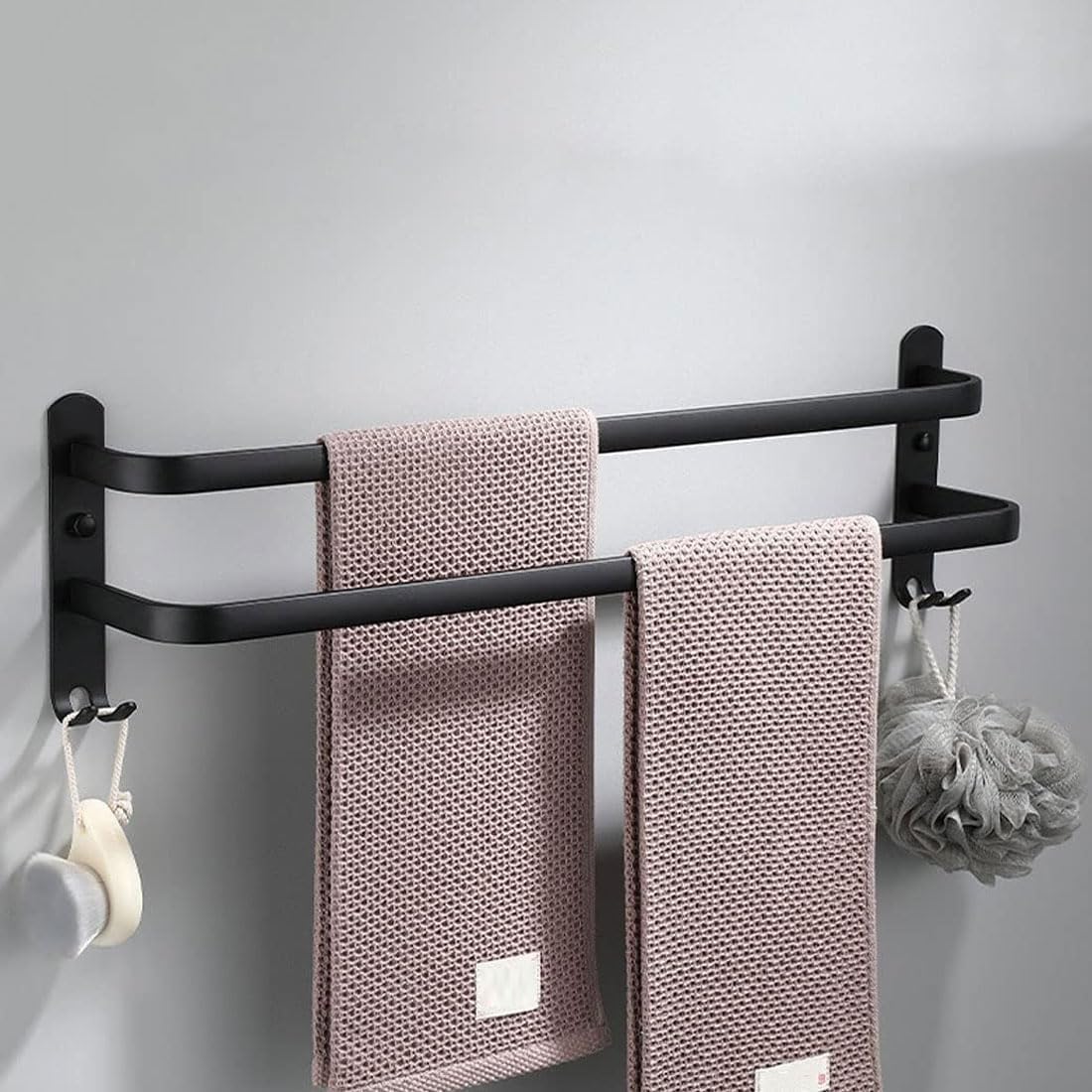Towel Rack Holder Wall Mounted Space Aluminum Towel Rail Towel Bar Stands for Bathroom Hotel Kitchen (60cm, Black 2 Layer)