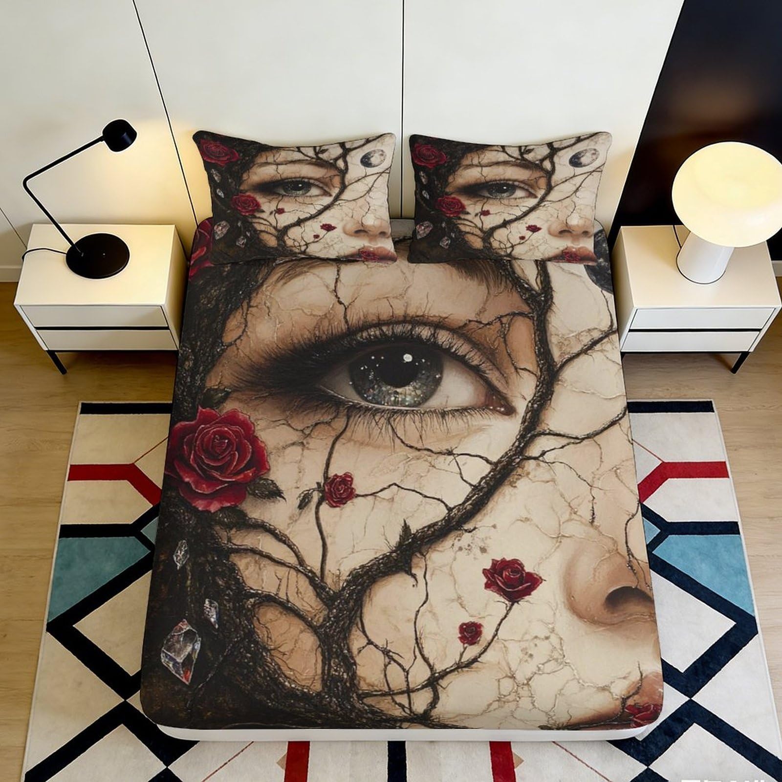 3D Printed cracked face with red roses Fitted Sheet Microfiber soft breathable abstract art Bed Cover for bedroom dormitory guest room decor protection 140x200x25cm