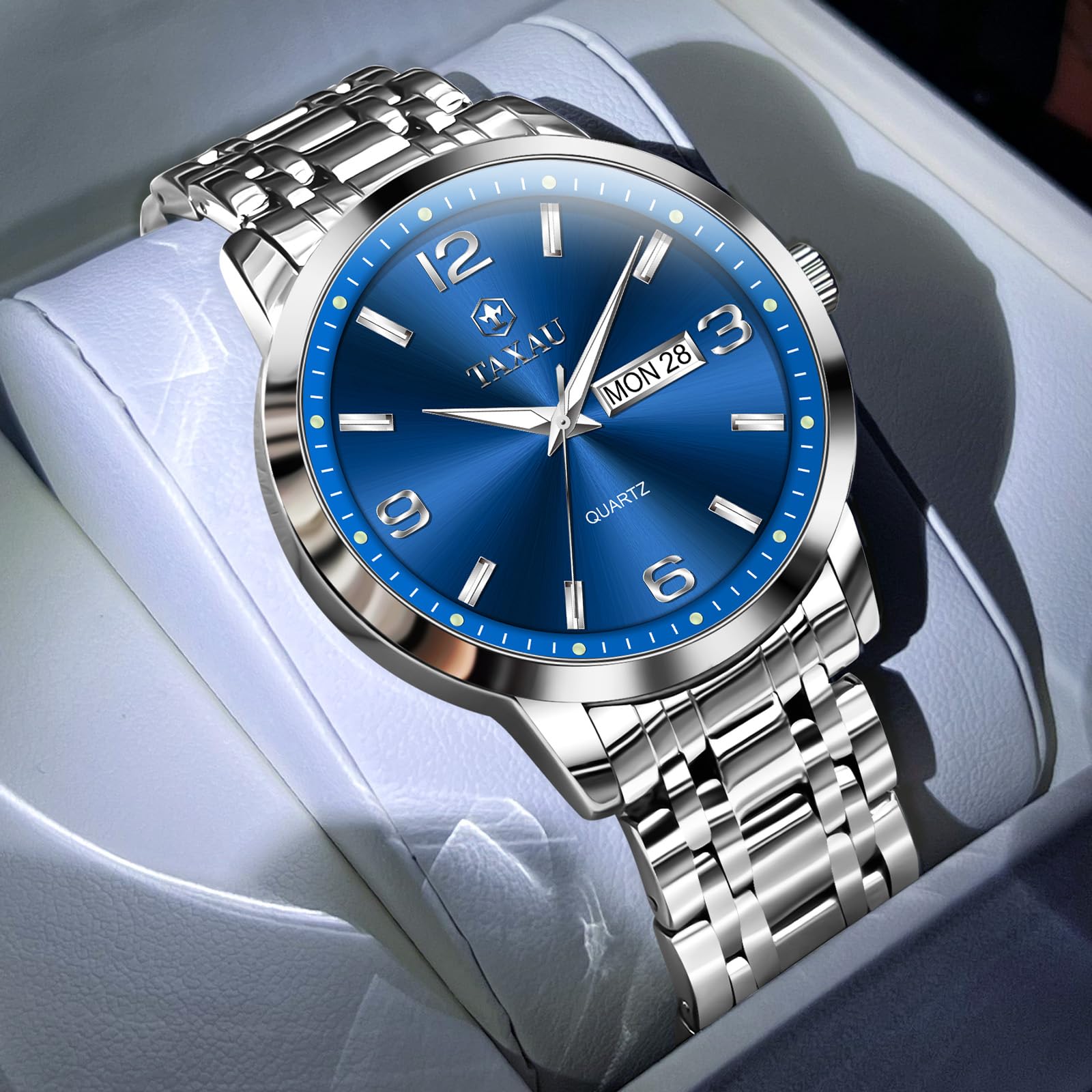 Taxau Wasserdicht Edelstahl Kleid Luxus Business Multifunktion Leuchtend Datum Geschenk Herrenuhr