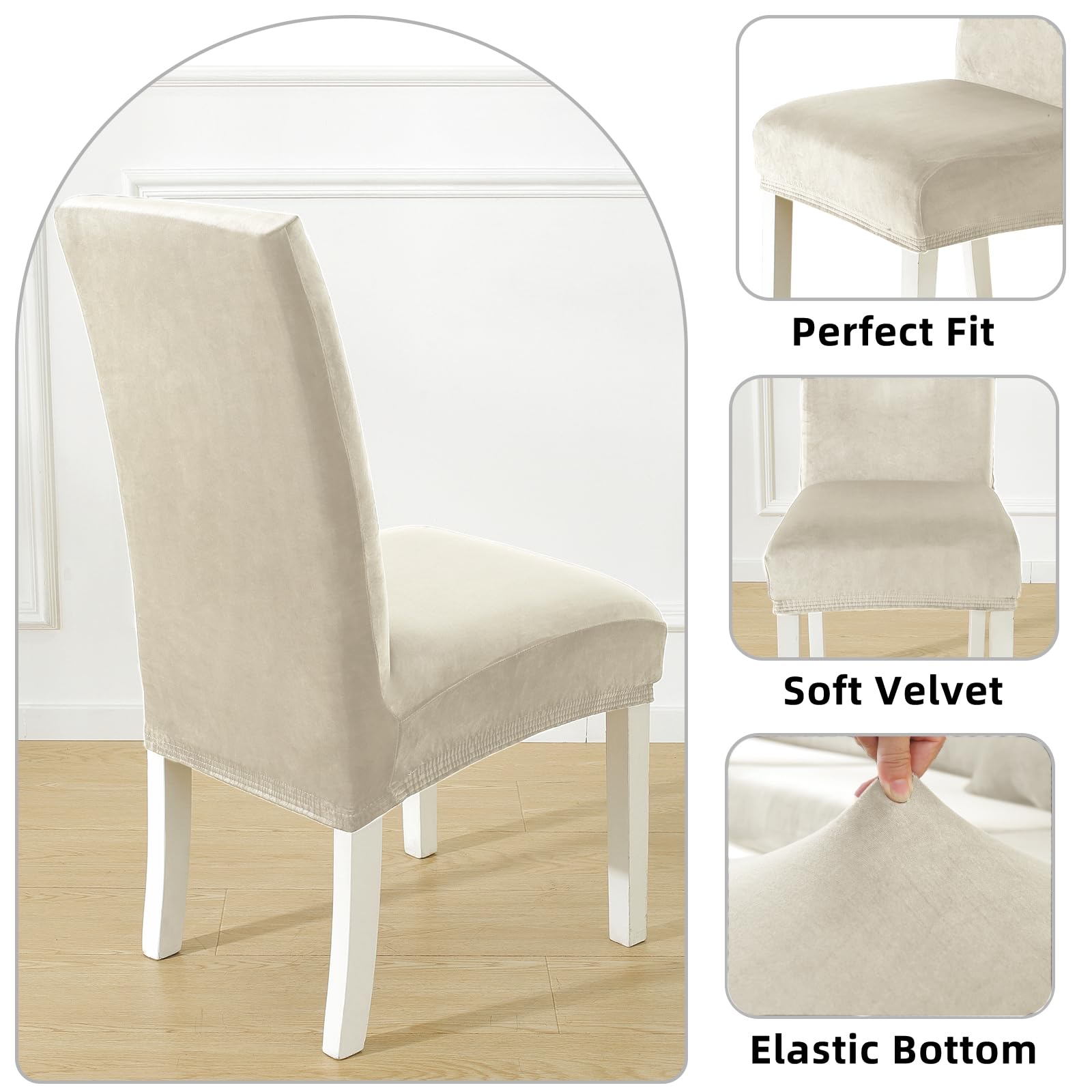 Stuhlhussen Samt 6er Set, Stretch Stuhlüberzieher, Stuhlbezug Schwingstuhl, Hussen Für Stühle Hochlehner, Stuhlbezüge Kratzfest, Universal Chair Cover Waschbarer, Beige