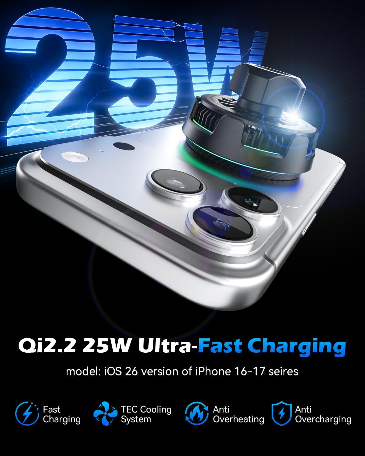 CloudValley Qi2.2 25W Cargador inalámbrico para Coche, Soporte magnético para móvil con Ventilador y Adaptador 45W, Ventosa giratoria 360°, Carga rápida, Compatible MagSafe iPhone 17/16/15/14