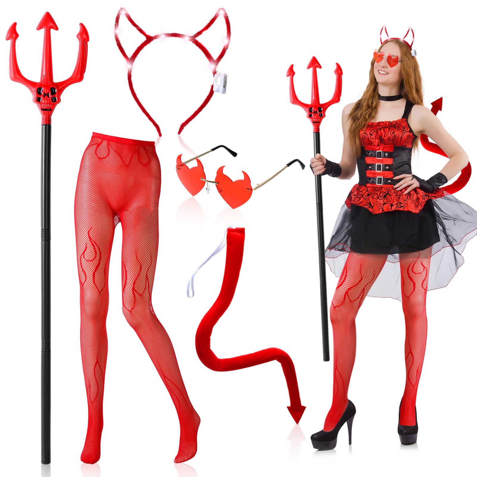 Foaincore 5 Pcs Halloween Devil Costumes Include Red Demon Tail Trident Devil Horns Red LED Light up Headband Heart Sunglasses Red Flame Thigh High Stocking for Girls Woman Cosplay Party Accessories