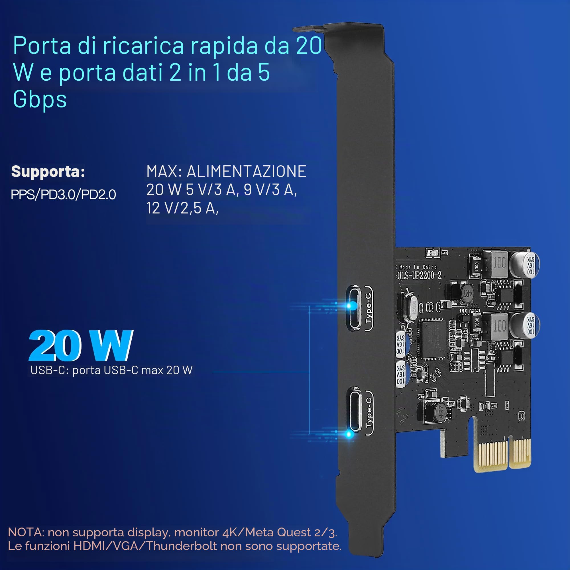 Scheda USB C PCIe a 2 porte (Power Delivery), USB 3.0 Scheda 5 Gpbs Ricarica Rapida 20 W per PC Desktop