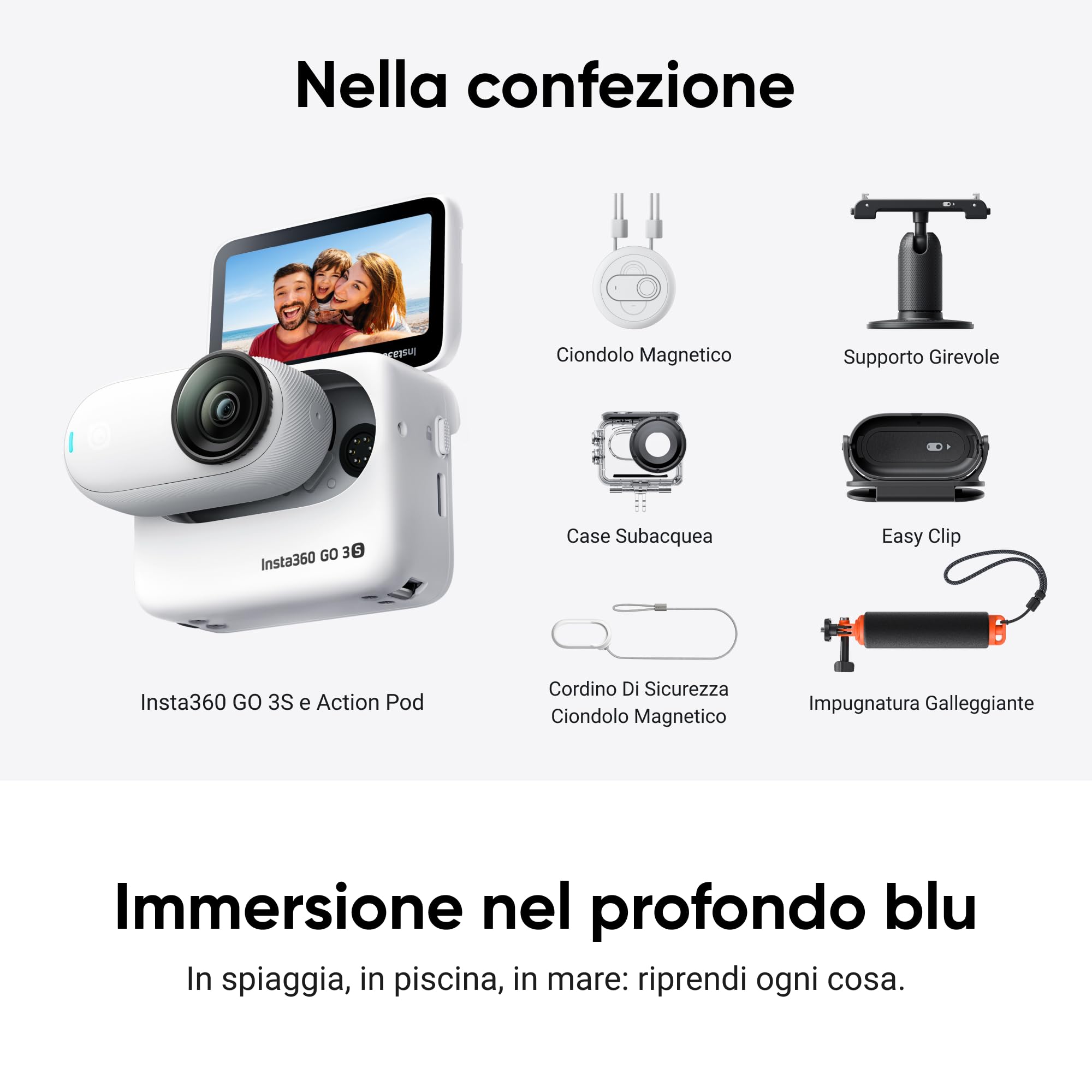 Insta360 GO 3S Pack Sport Acquatici (128GB) - Cam 4K per vlogging, POV a mani libere, montaggio magnetico, stabilizzazione, 140 minuti di autonomia, impermeabilità fino a 10 m, editing IA