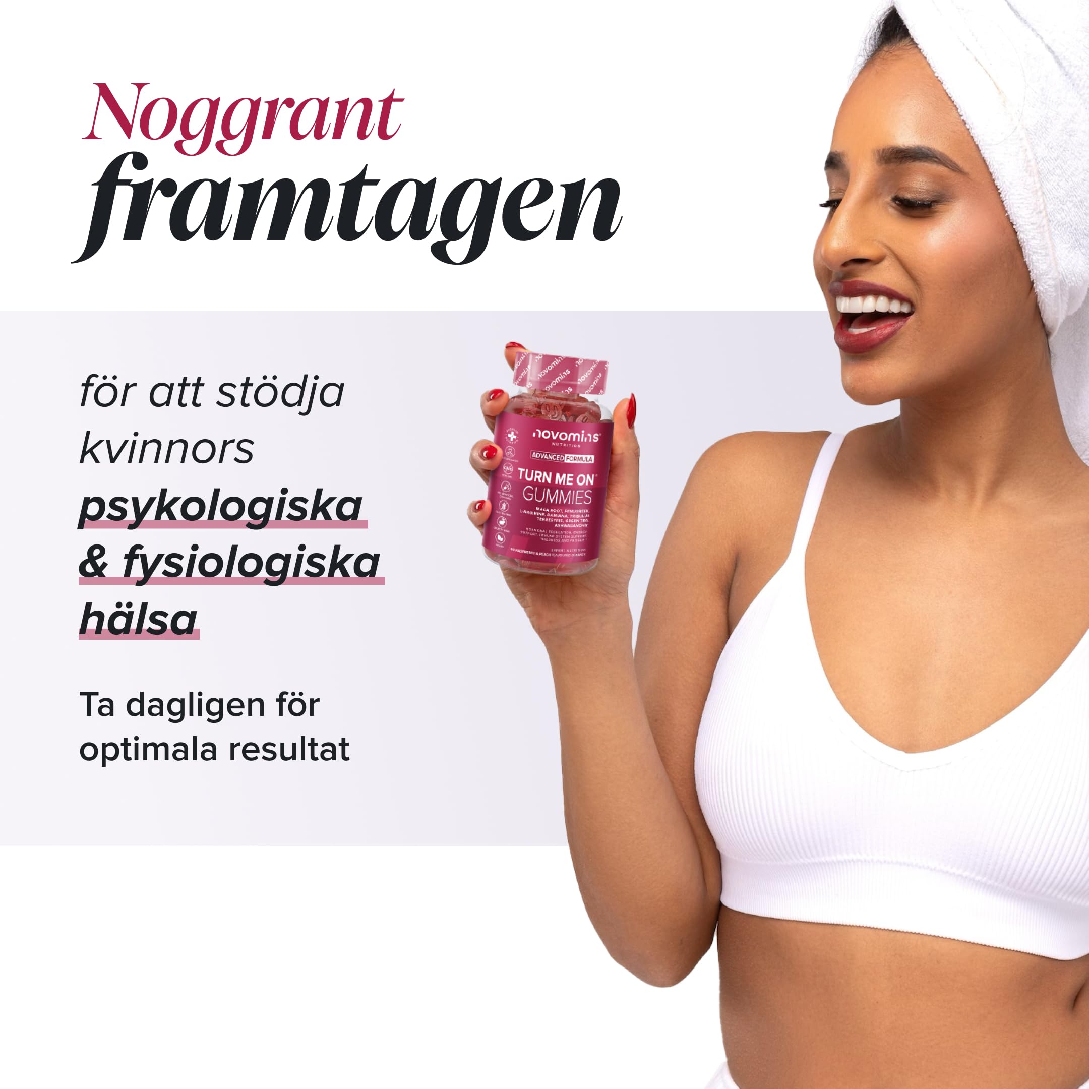 Libido Gominolas - Maca, Ashwagandha, L-Arginina, Tribulus Terrestris y Vitamina B6 - Libido para Mujer - Sin Gluten y Vegano - 60 Gominolas para Potencia y Energía - Turn Me On Gummies - Novomins