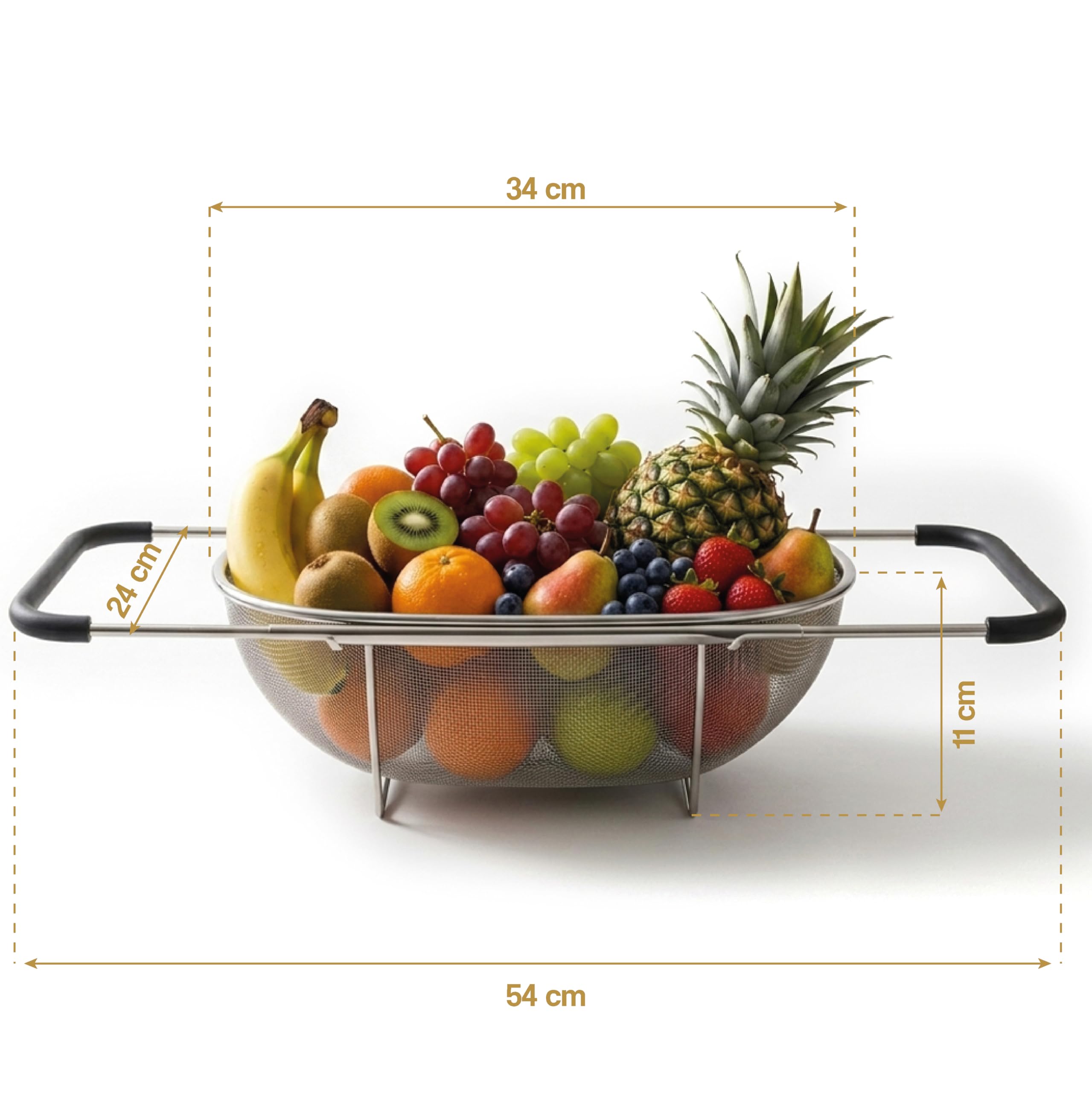 MGE - Scolapasta Acciaio Inox Maglia Fine - Colino Acciaio Inox Maglia Fine - Colino Cucina - Scolapasta con Manico, Filtro per Pasta, Riso, Verdura - Scola Pasta da Cucina Acciaio Inox - 34 x 24 cm