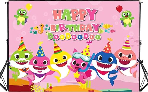 Miniatura 5 de FUNTON Fondo de tiburón bebé (rosa), suministros de fiesta de tiburón bebé, decoraciones de cumpleaños de tiburón bebé (5 x 3 pies)