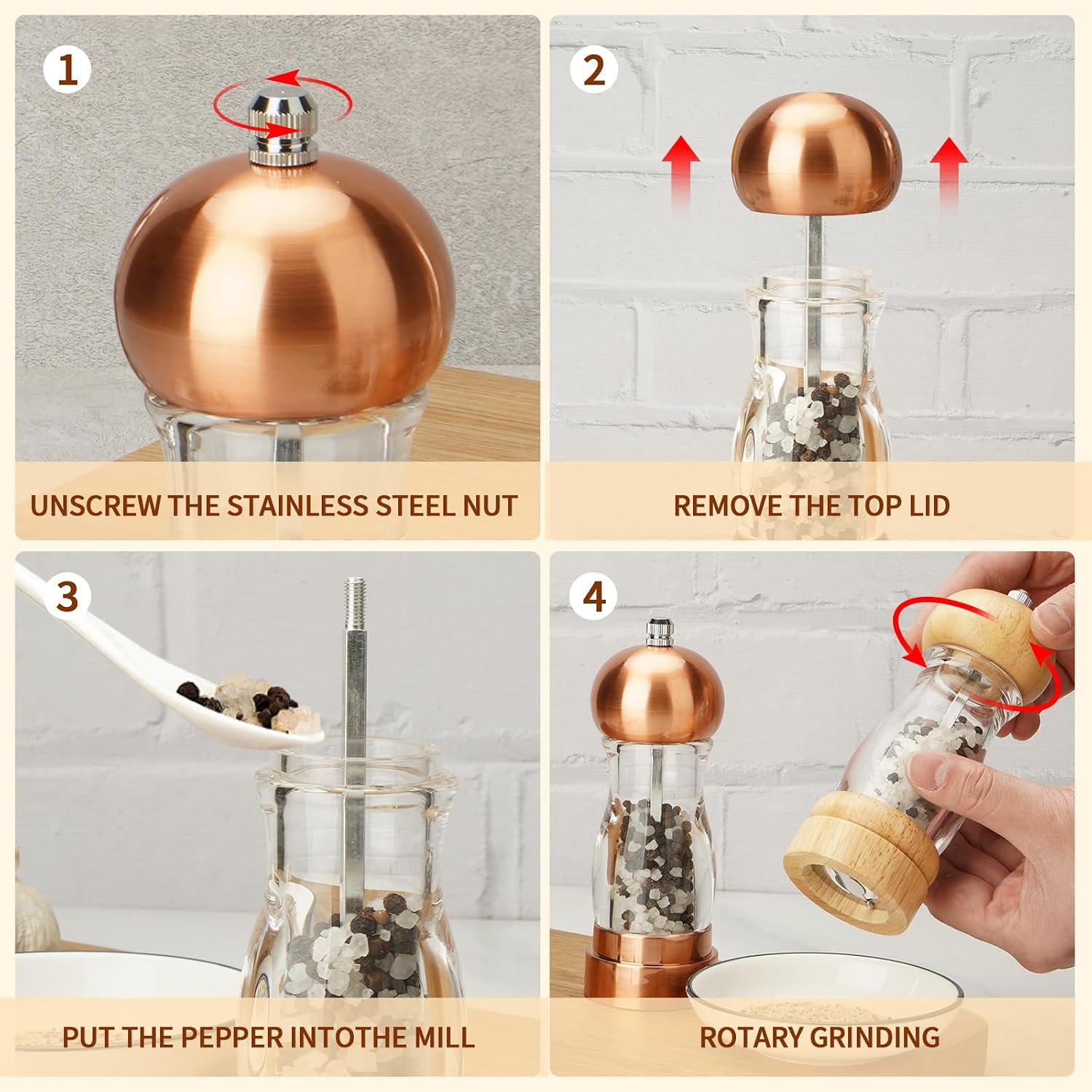 SHIKORI Acrylic Salt and Pepper Grinder, 6 inch Adjustable Salt and Pepper Shakers, Refillable Manual Salt Pepper Mill (Gold & Silver)