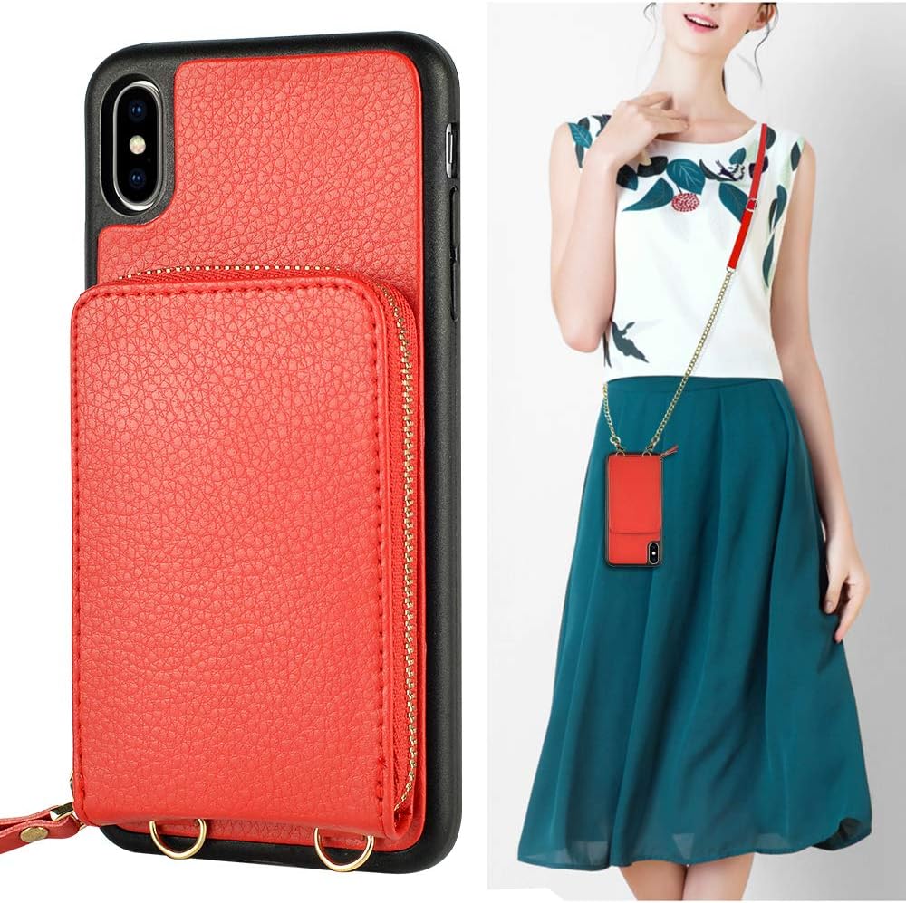 iPhone Xs Wallet Case, JLFCH iPhone X Leather Zipper Case with Card Slot Holder Zipper Closure Detachable Wrist Strap Crossbody Shouder Chain Purse for iPhone X/XS 5.8 inch - Red
