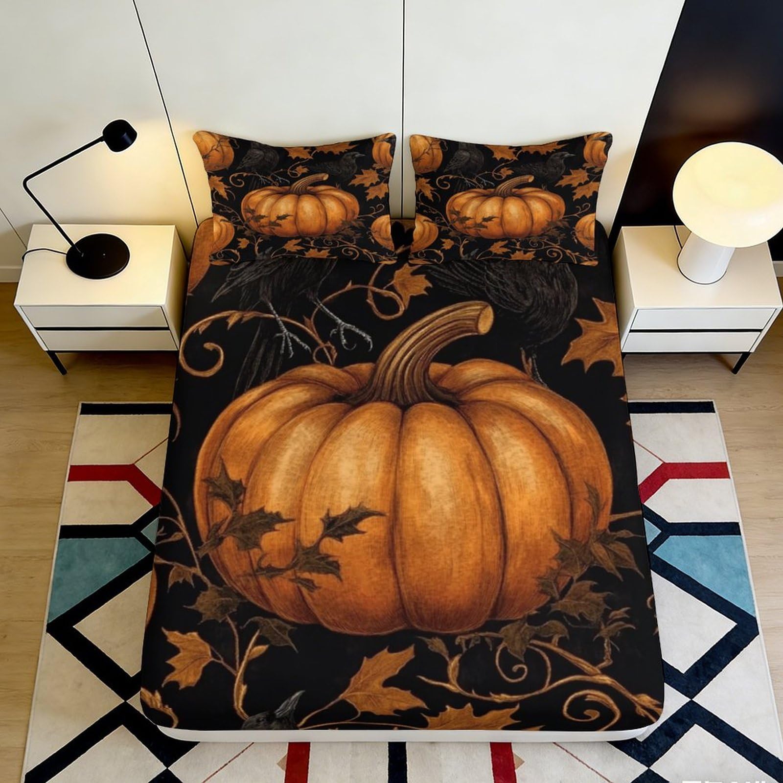 3D Printed Pumpkin Harvest Fitted Sheet Microfiber Autumn Leaves Bed Cover for Bedroom Dorm Mattress Protection Decor 90x200x25cm