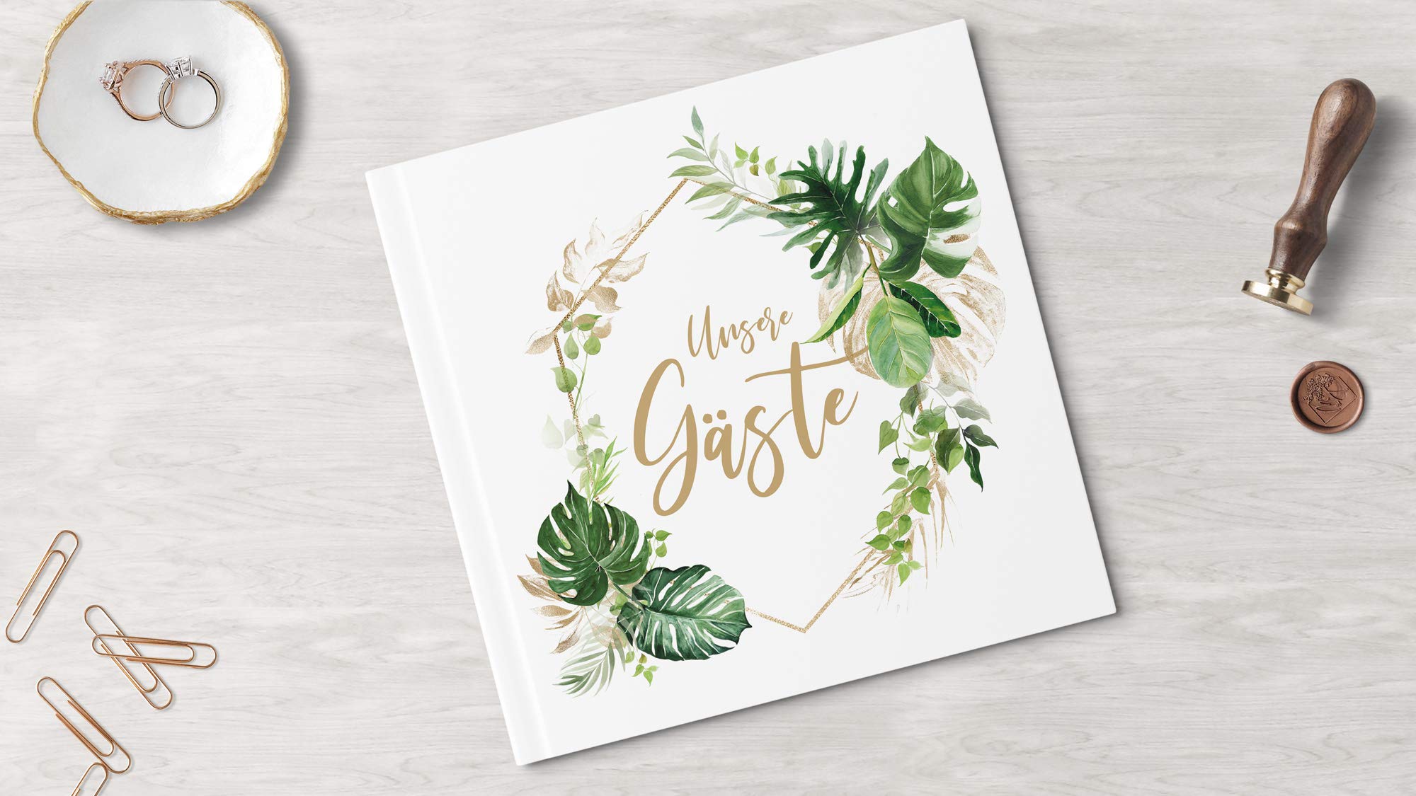 Gästebuch zur Hochzeit mit Fragen - quadratisch, Hardcover 104 Seiten - Hochzeitsgästebuch Hochzeitsalbum Hochzeitsbuch | Monstera Leaf (Motiv - eckig)