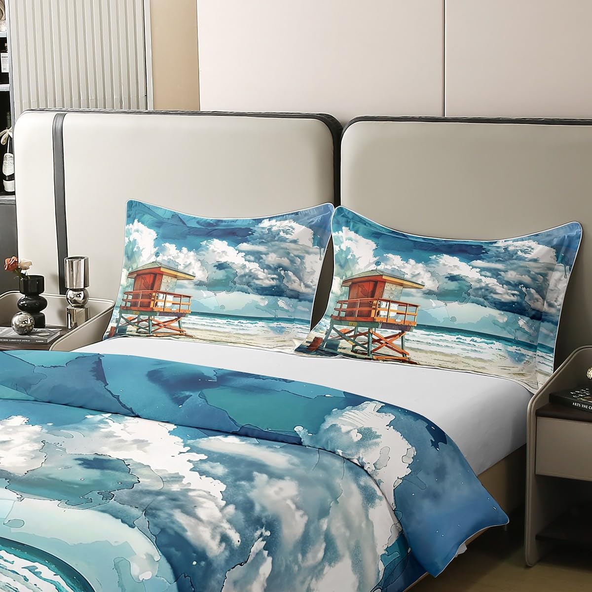 Ocean Duvet Cover Queen for Kids Boys Teens,Sea Seaside Beach 3 Pieces Duvet Cover,Tie Dyed Sky Cloud Comforter Cover (Not Comforter),Nautical Coastal Cabin Decor Quilt Cover