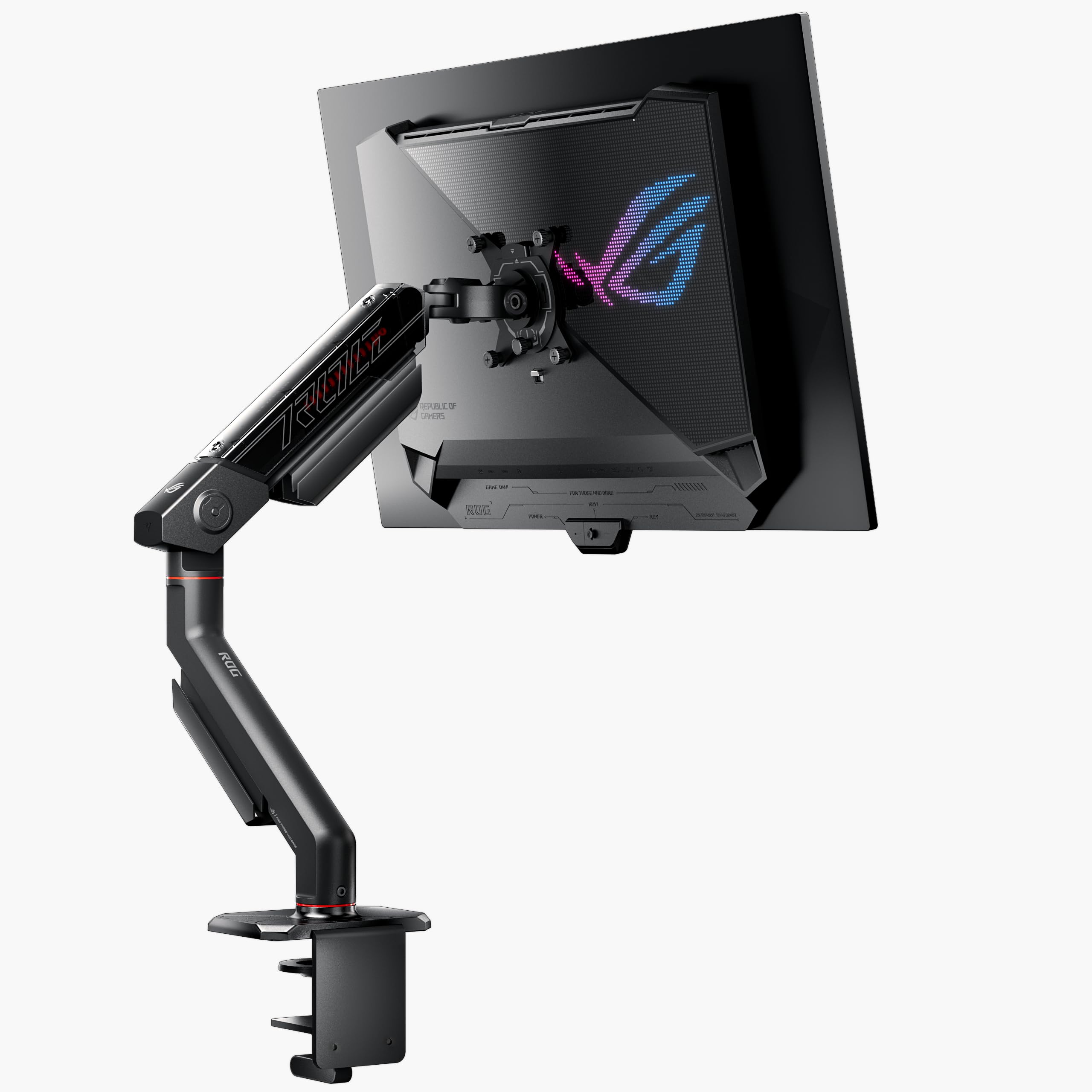 ASUS ROG Ergo AAS01R ramię monitorowe (mechaniczne zawieszenie, z zaciskiem stołowym i mocowaniem śrubowym, regulacja obrotowa, wychylna, pochylenie, obrót i wysokość, dwustronne zarządzanie kablami