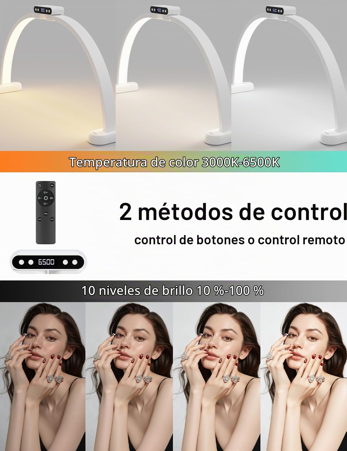 LANMOU Lámpara Media Luna LED 74 cm Regulable para Uñas y Pestañas | 35 W, 2800 LM, 3000-6500 K, Soporte Móvil y mando, Lámpara de Mesa para Manicura, Pestañas, Tatuajes y Video