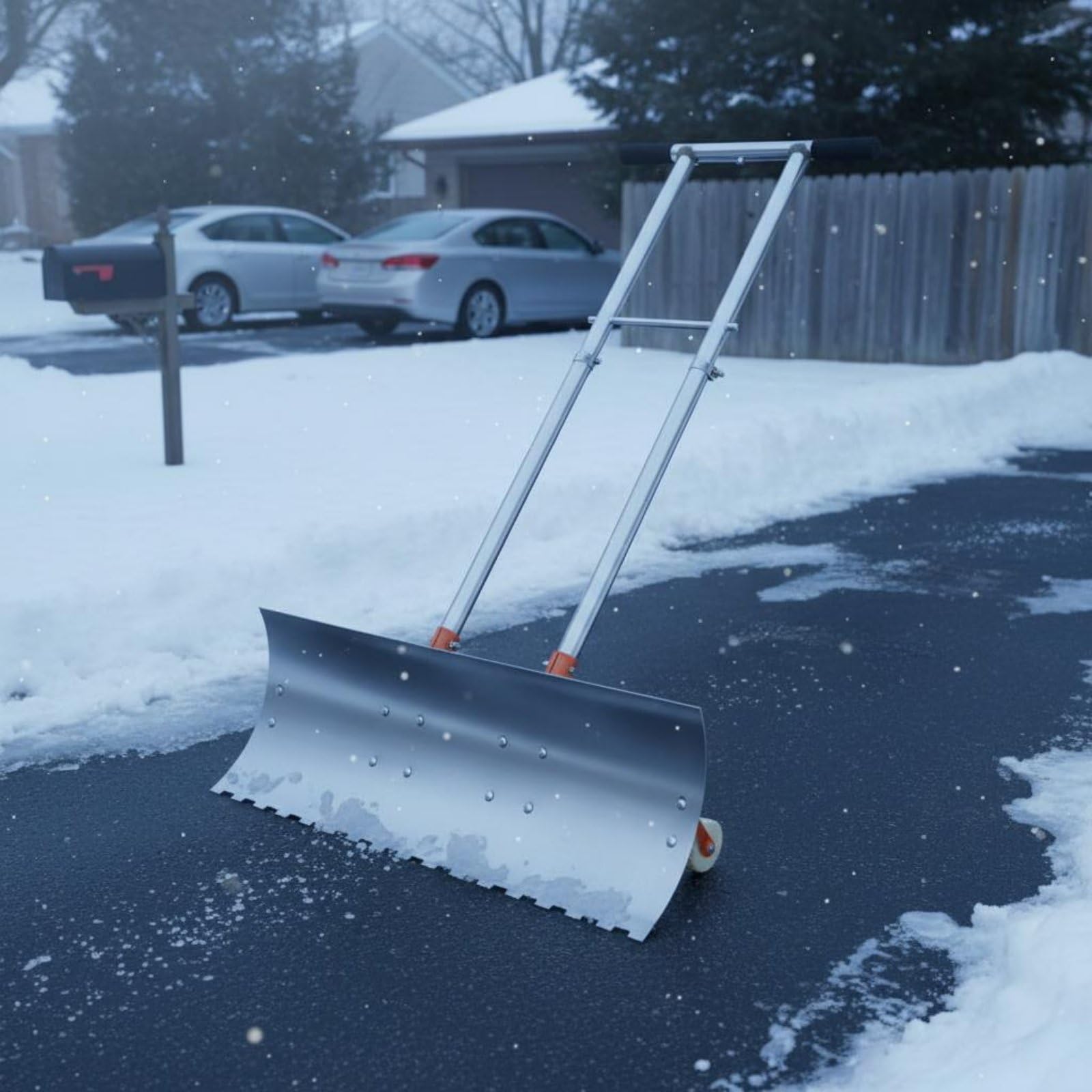 Empujador de Nieve con Ruedas Acero Inoxidable Pala de Nieve con Ruedas Diseño Ergonómico Pala Empuje Multiusos para Invierno, Pala De Nieve con Borde Dentado, 80 Cm, Doble Mango