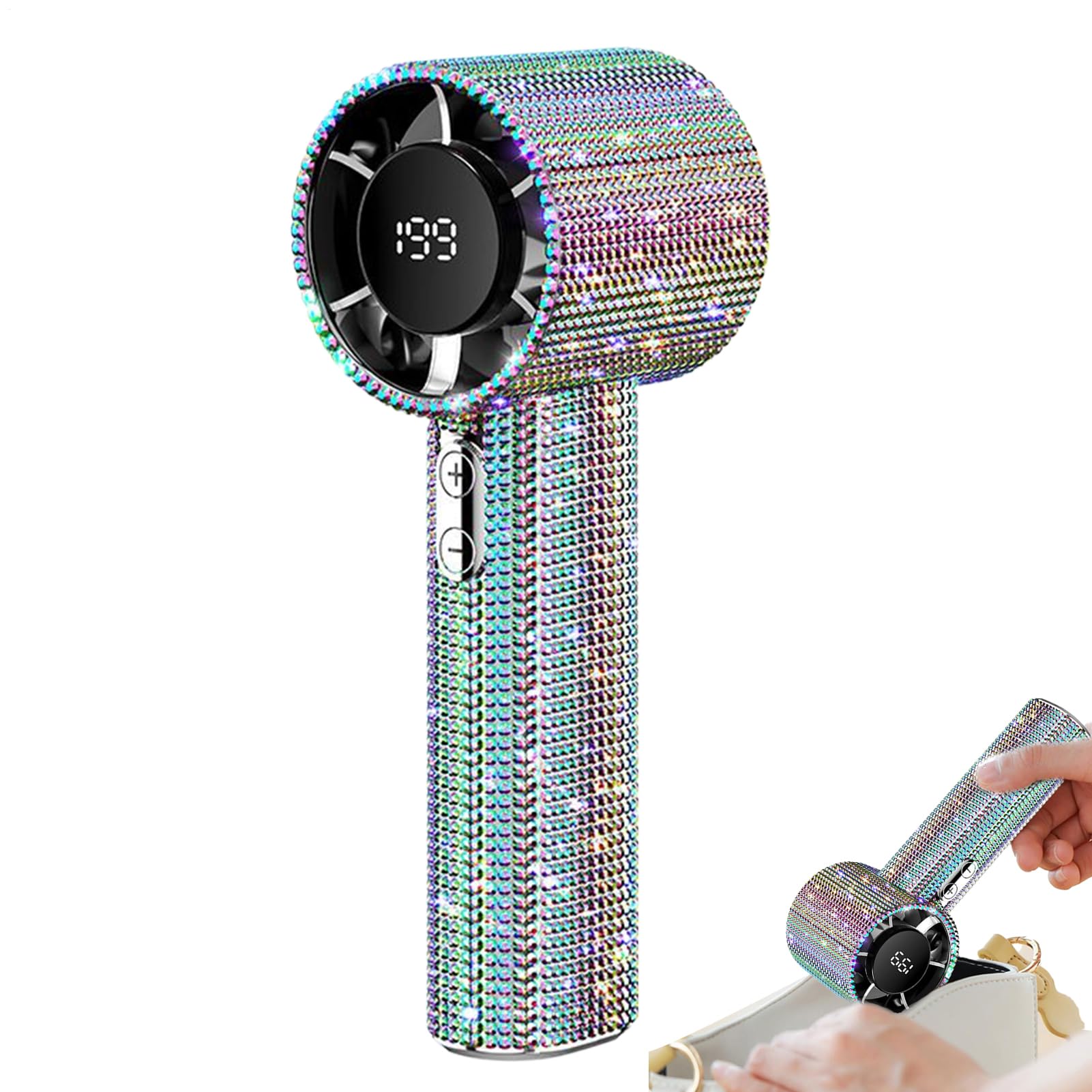 Ventilador de mano portátil con diamantes, pantalla LED y aire silencioso para camping