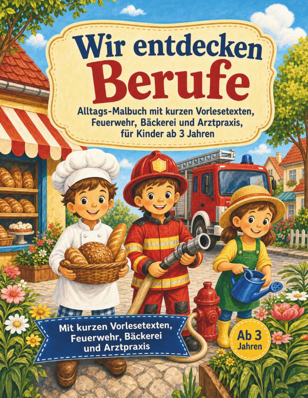 Wir entdecken Berufe: Alltags-Malbuch mit kurzen Vorlesetexten, Feuerwehr, Bäckerei und Arztpraxis, für Kinder ab 3 Jahren