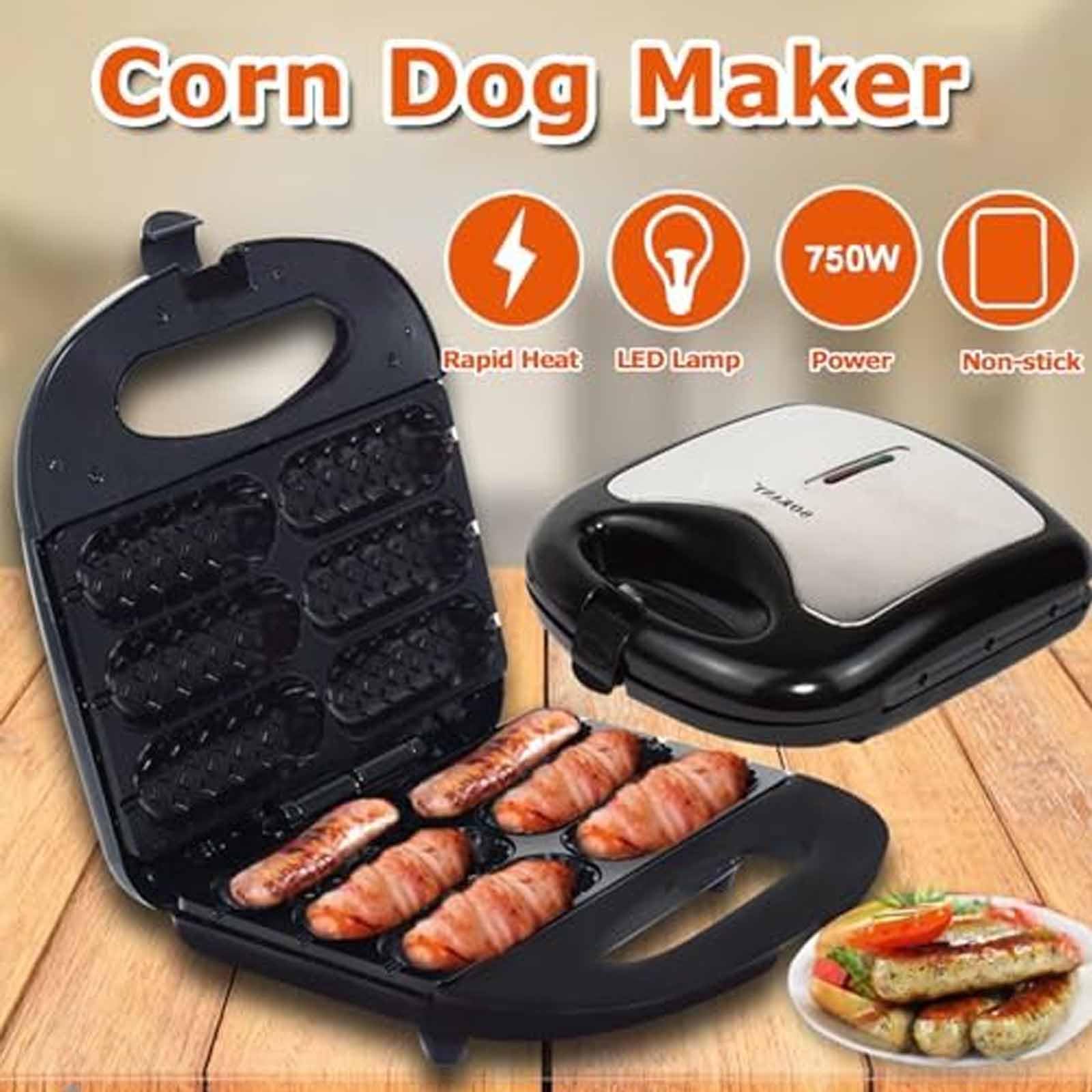ERICAT Machine À Hot-Dogs De 750 W avec Voyant Lumineux, Ustensiles De Cuisson Antiadhésifs Et Chauffage Double Face, Cuisson Uniforme Et Fabrication Facile De 6 Corn Dogs