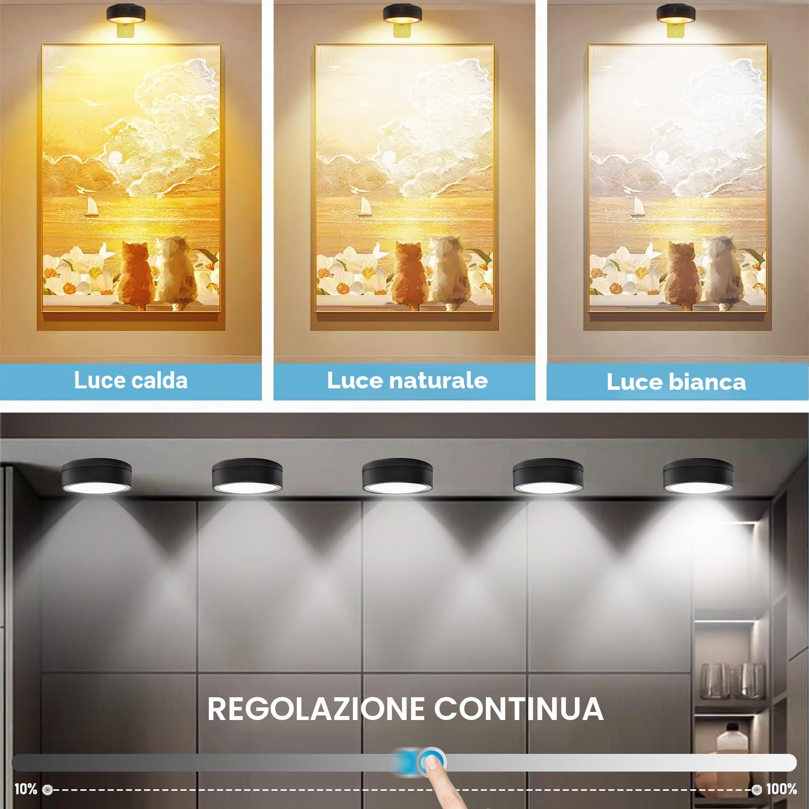 Aicharynic Confezione da 4 luci per quadri, luce per quadri con batteria e telecomando, lampada per quadri, luce da pittura ricaricabile con 3 temperature di colore, LED dimmerabile per esposizione