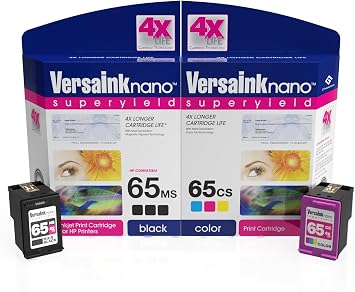 VersaInk-Nano 65 MSe Black MICR & 65 CSe Tri-Color Cartridges - Value Combo - Compatible with HP Deskjet 3700, 2600 Series, HP Envy 5000 Series