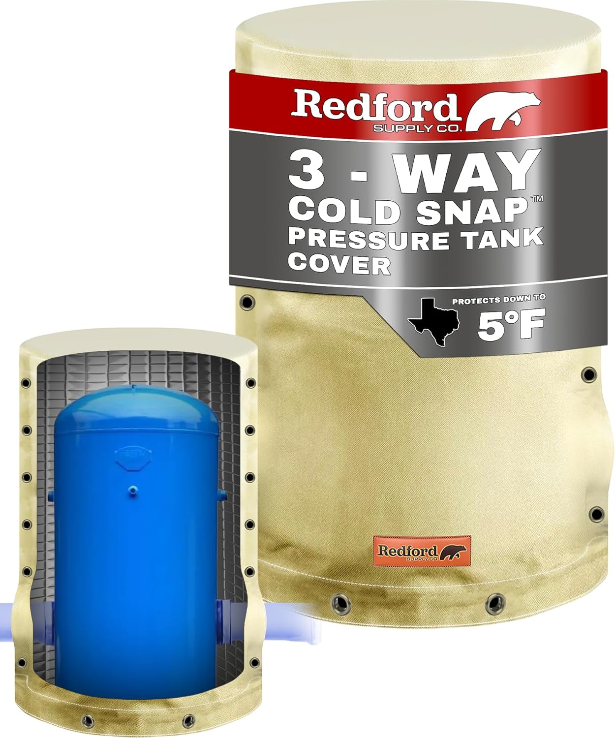 Redford Supply Co. Cold Snap (5°F) Round Pressure Tank Cover Insulation, 3-Way Round, 8"Diameter x 12"H, Water Well Tank Covers Insulated, Well Pump Cover Insulated Freeze Proof for Winter (Beige)