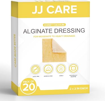 JJ CARE Honey Calcium Alginate Dressing 2x2 [Pack of 20] Honey Wound Dressing with Calcium, Honey Patches for Faster Wound Care, Medical Grade Honey Bandages for Burns, Latex Free