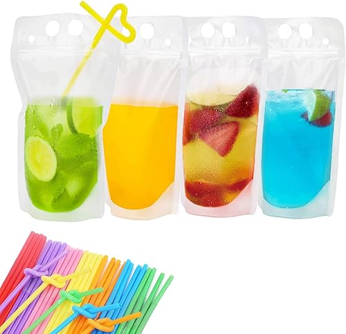 Miniatura 8 de JANSONG 20 bolsas de bebidas con 20 popotes de plástico desechables, bolsas de jugo translúcidas con cierre de cremallera esmeriladas para adultos y